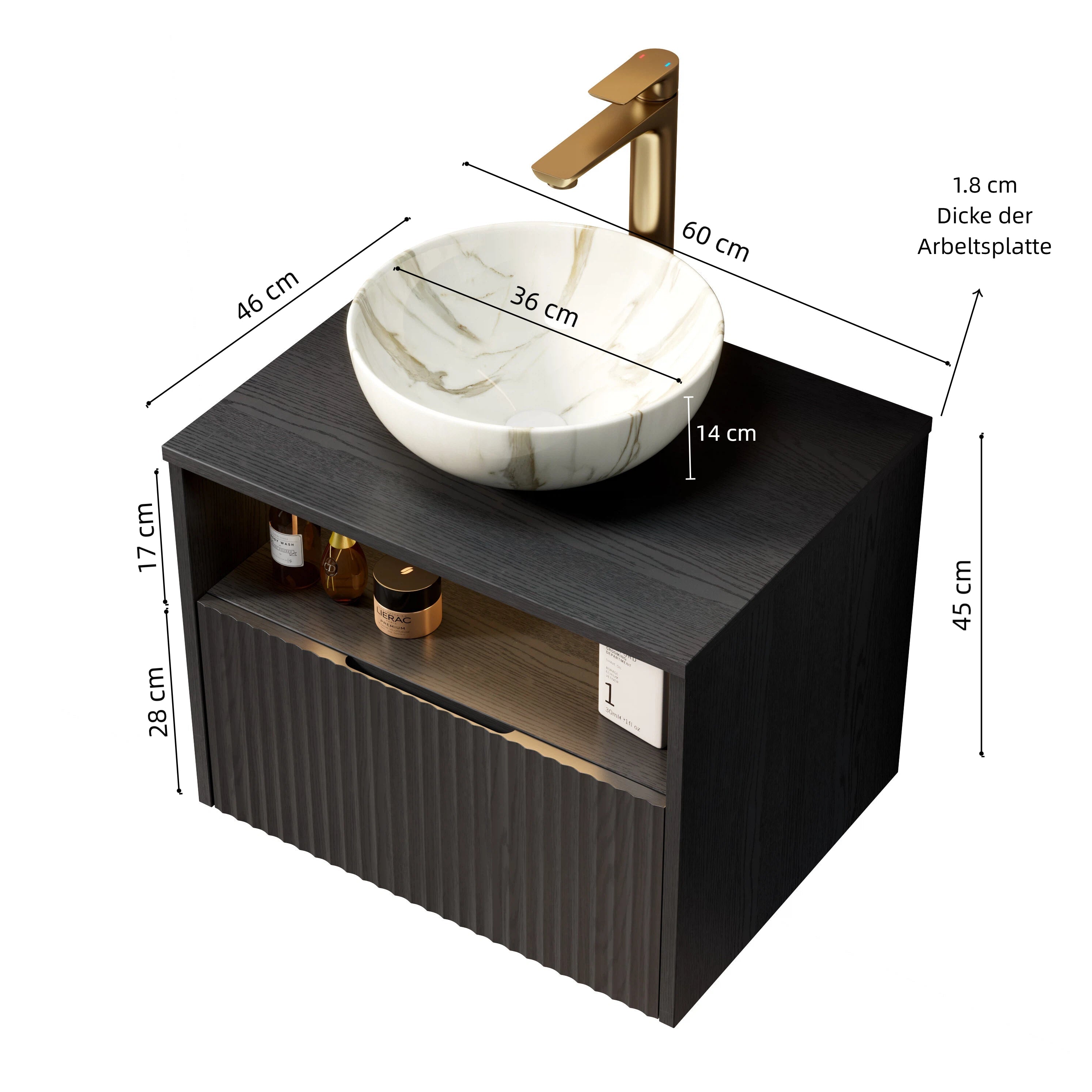 Floating Bathroom Vanity with Ceramic Basin and Sensor Light, Black Plywood