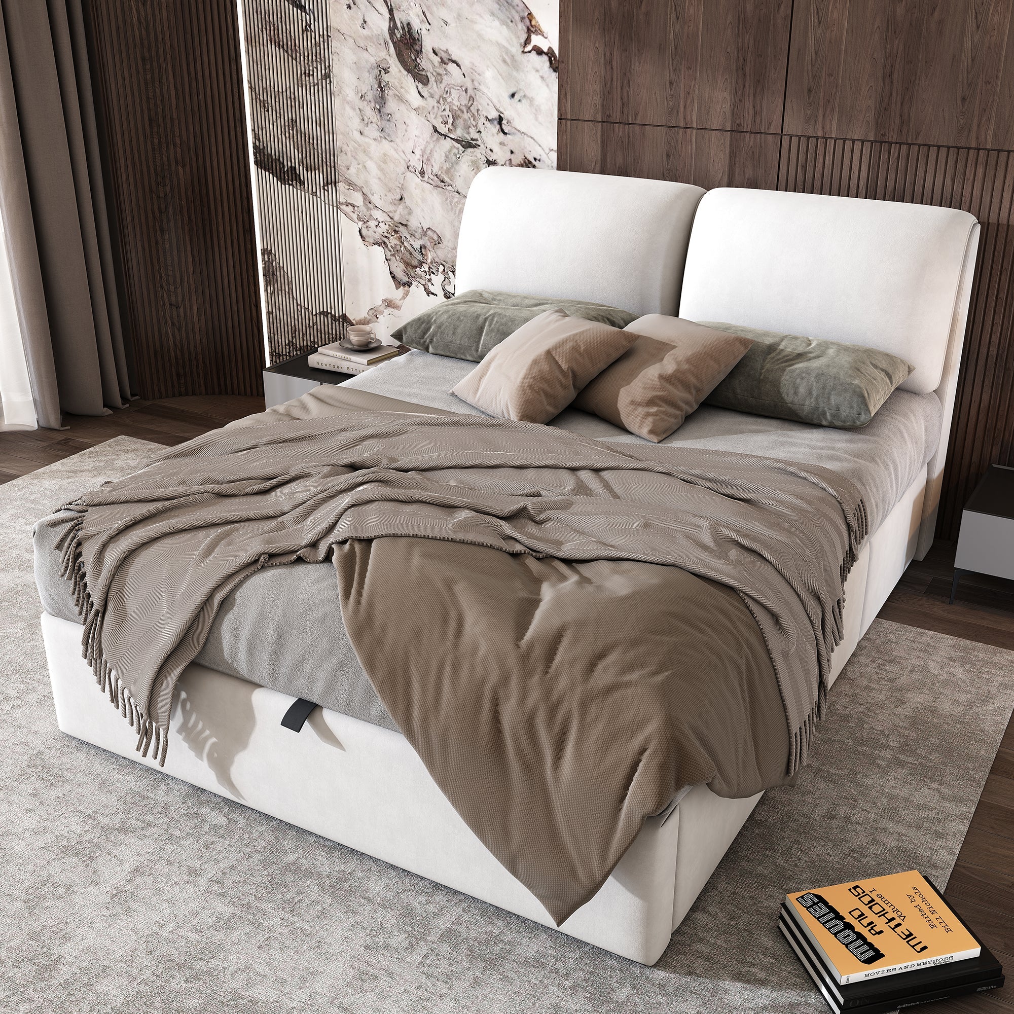 Upholstered Bed with Hydraulic Storage and 3 Drawers, 140x200cm, Beige Velvet