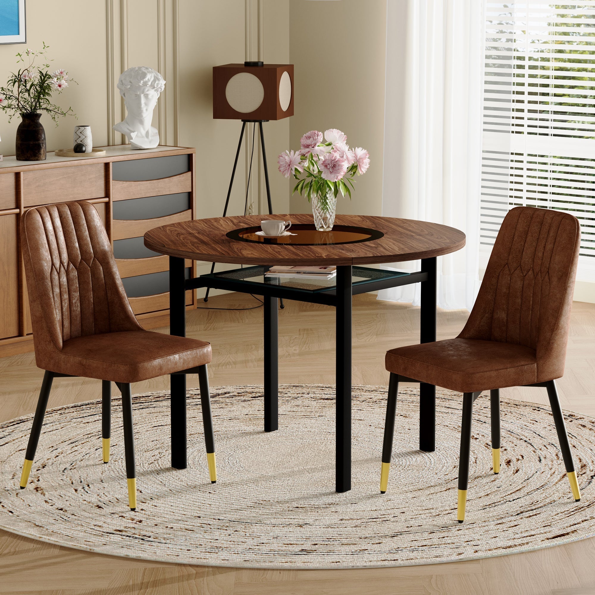 Dining Table Set Round Minimalist 100cm with 2 Chairs Wood Look Brown Tech Fabric