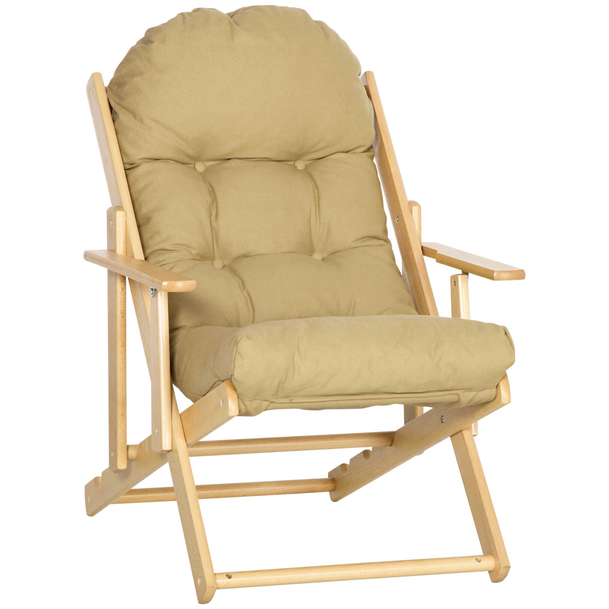 Reclining Armchair, Folding Upholstered Lounge Chair, Beech Wood, Brown