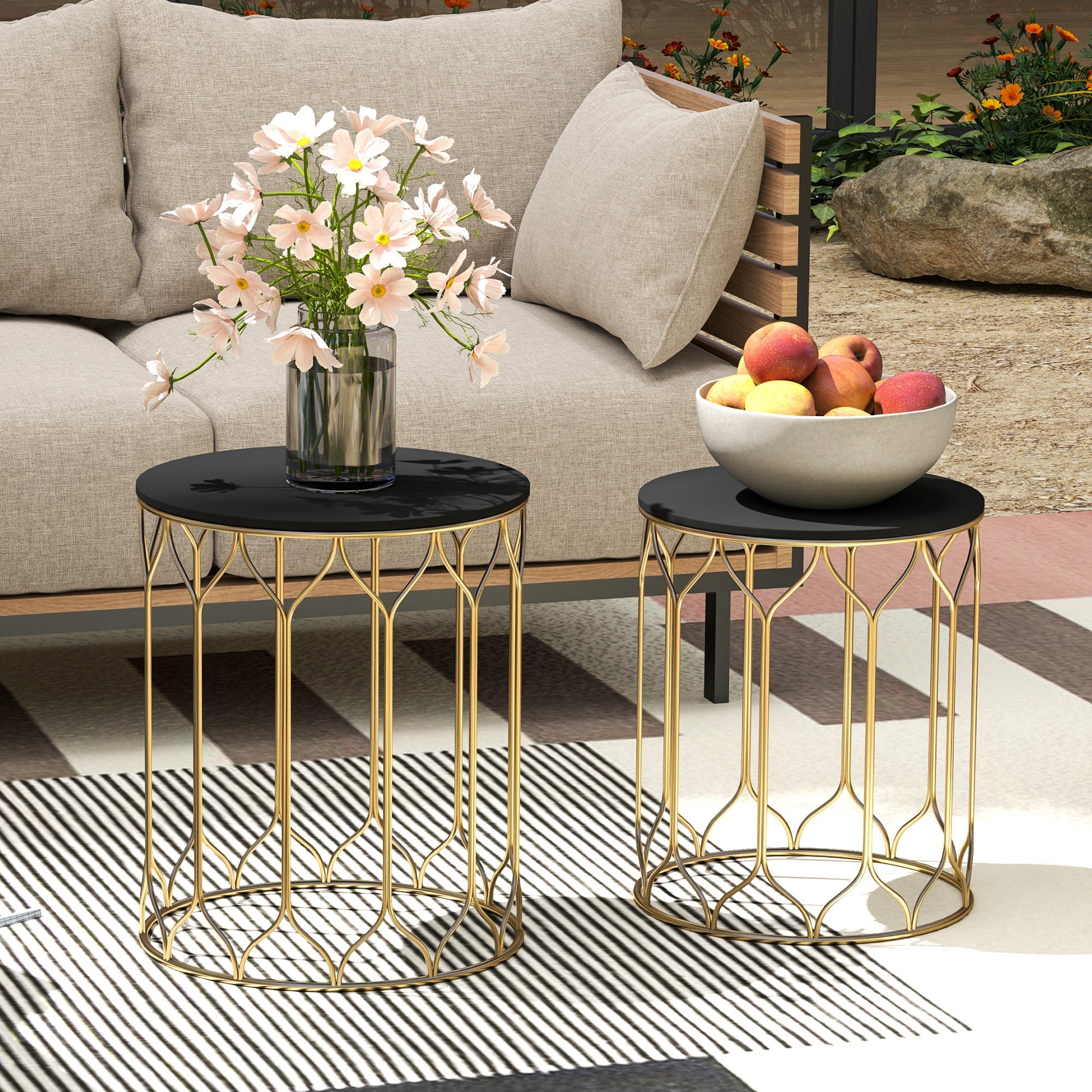 Round Coffee Table Set of 2, Modern Nesting Tables with Ceramic Tile Top and Metal Frame, Black