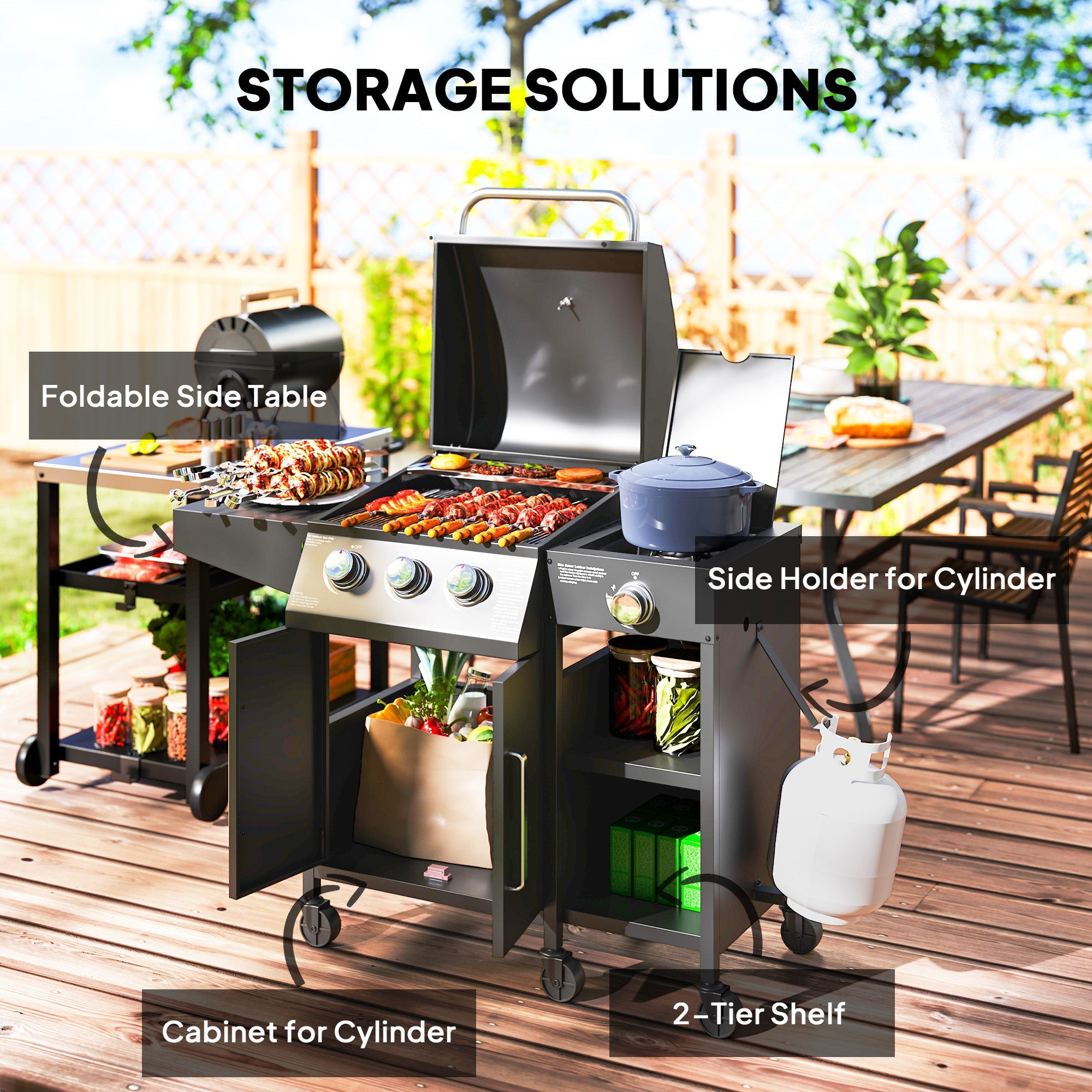 3+1 Burner Gas BBQ Grill, 9.5 kW with Storage Cabinet and 6 Castor Wheels, Black