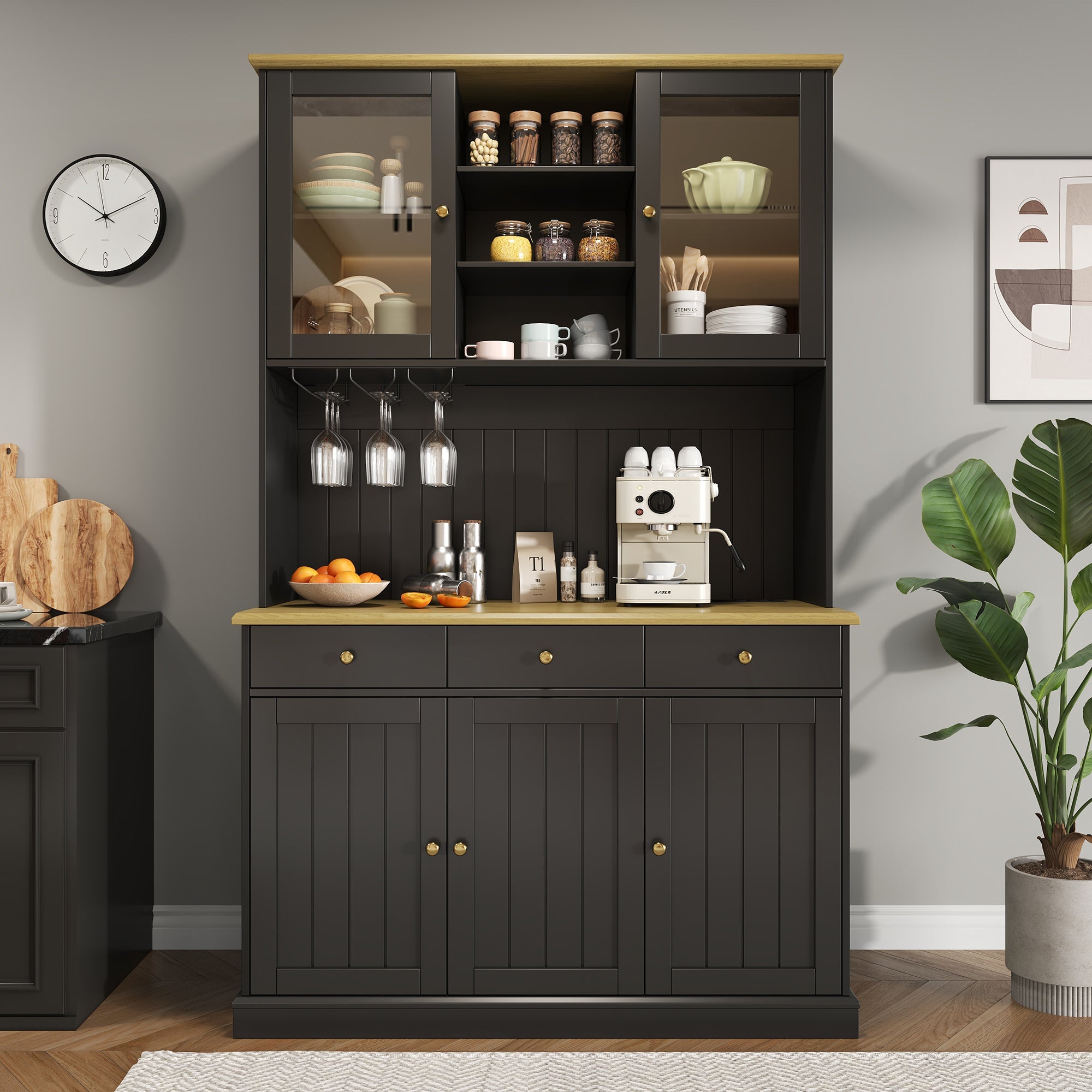 Sideboard Tall Cabinet with Glass Doors, Power Outlets & USB Ports, Black and Gold Handles