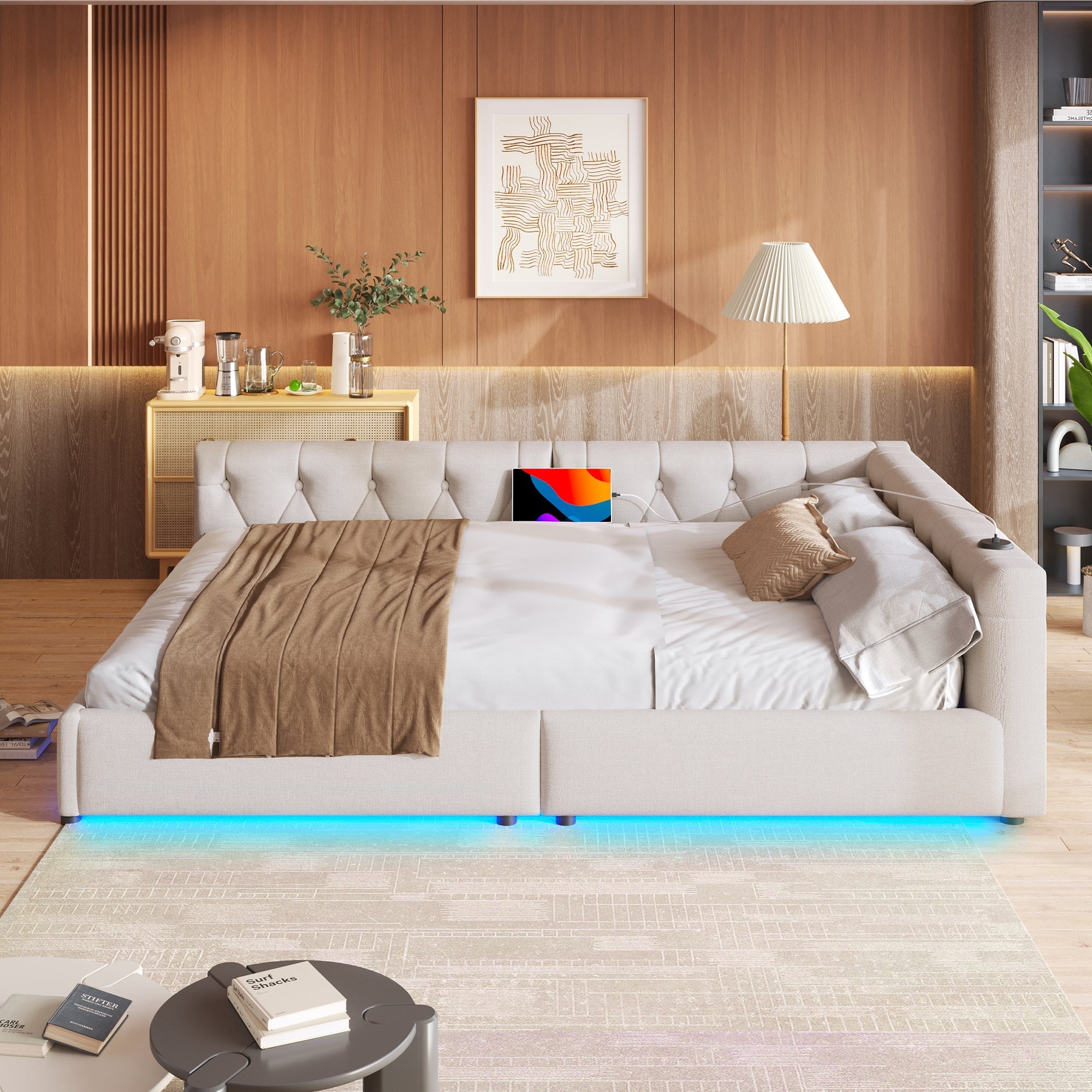 Sofa Bed 140x200cm LED Light USB/Type-C Button Tufting - Beige Linen