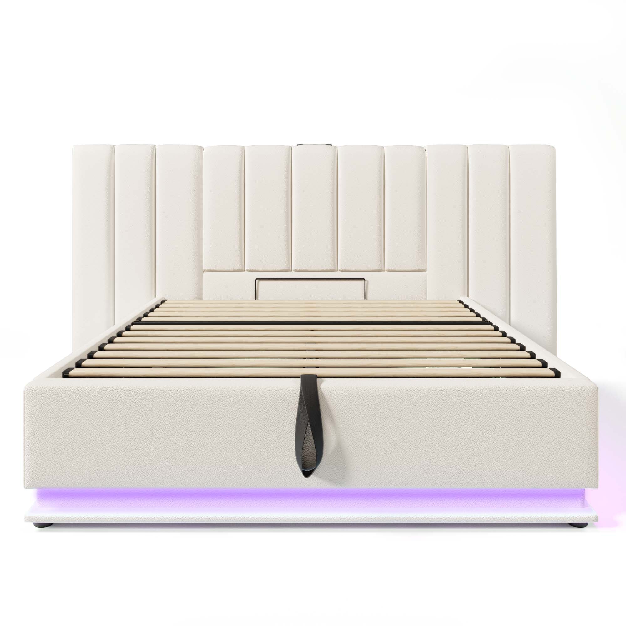 Upholstered Bed 180x200, Double Storage with App Control LED & USB-C, White PU