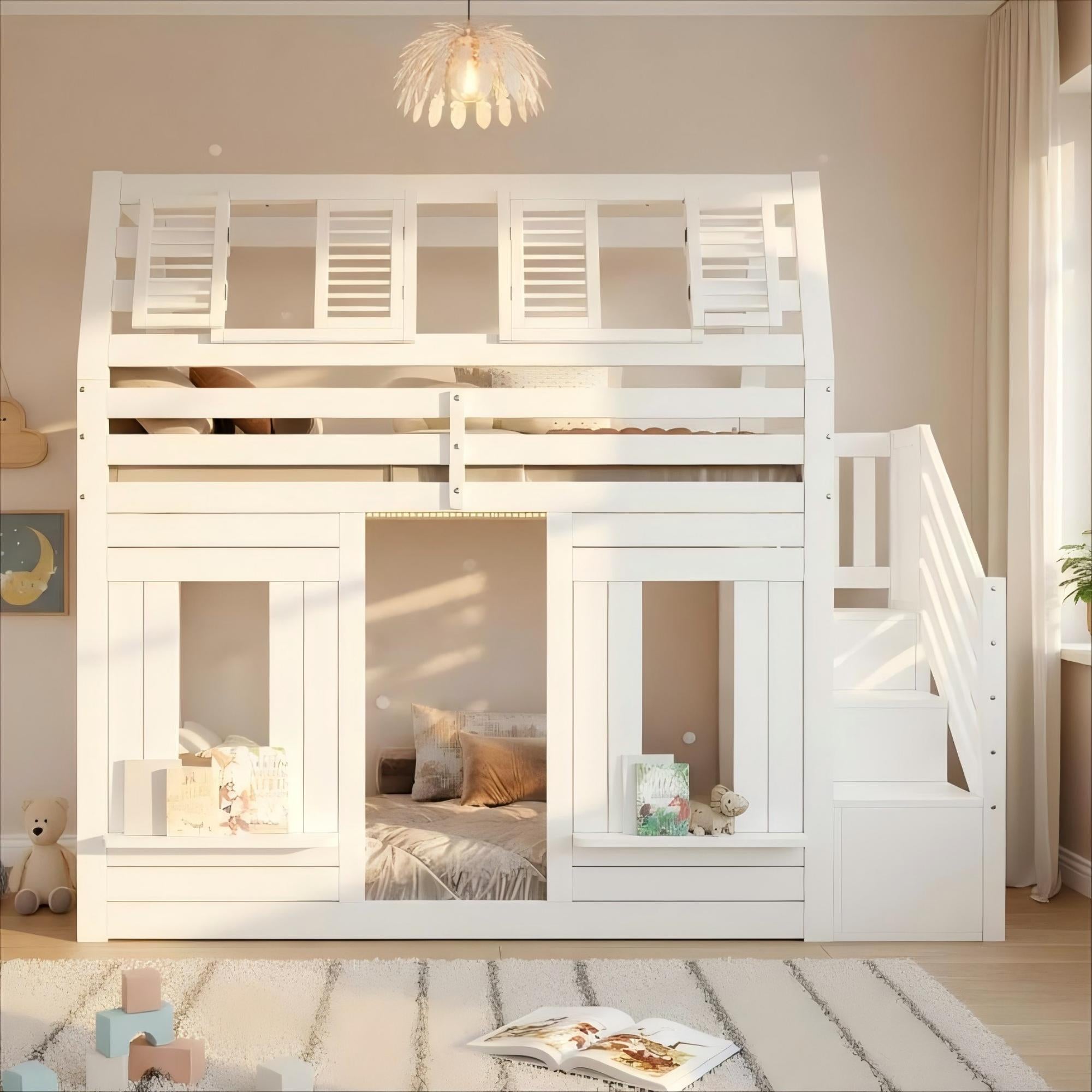 Bunk Bed with LED, Fall Protection and Storage Stairs, 90x200cm, White Wooden House Design