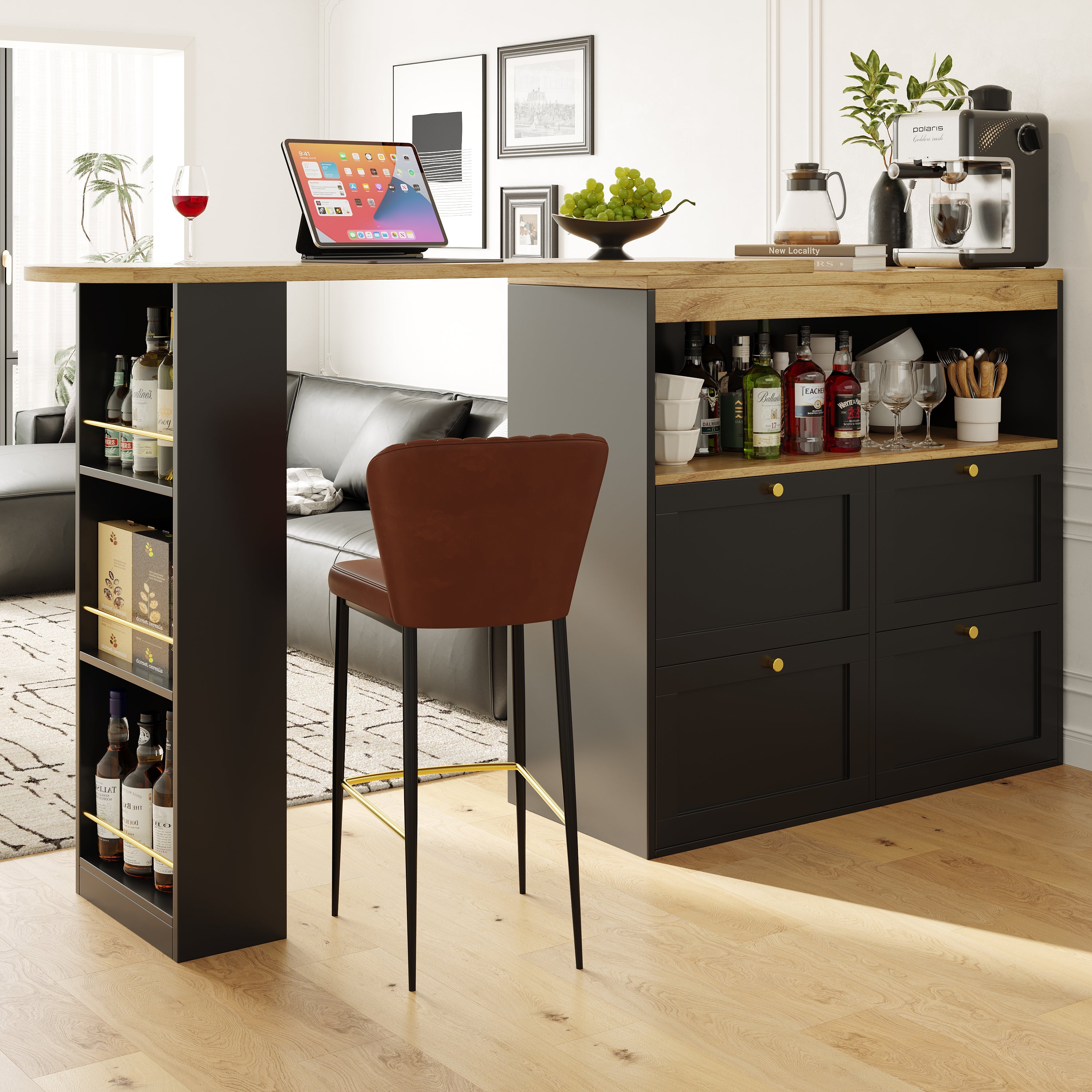 360° Rotating Bar Table with 4 Drawers and Open Shelves Storage