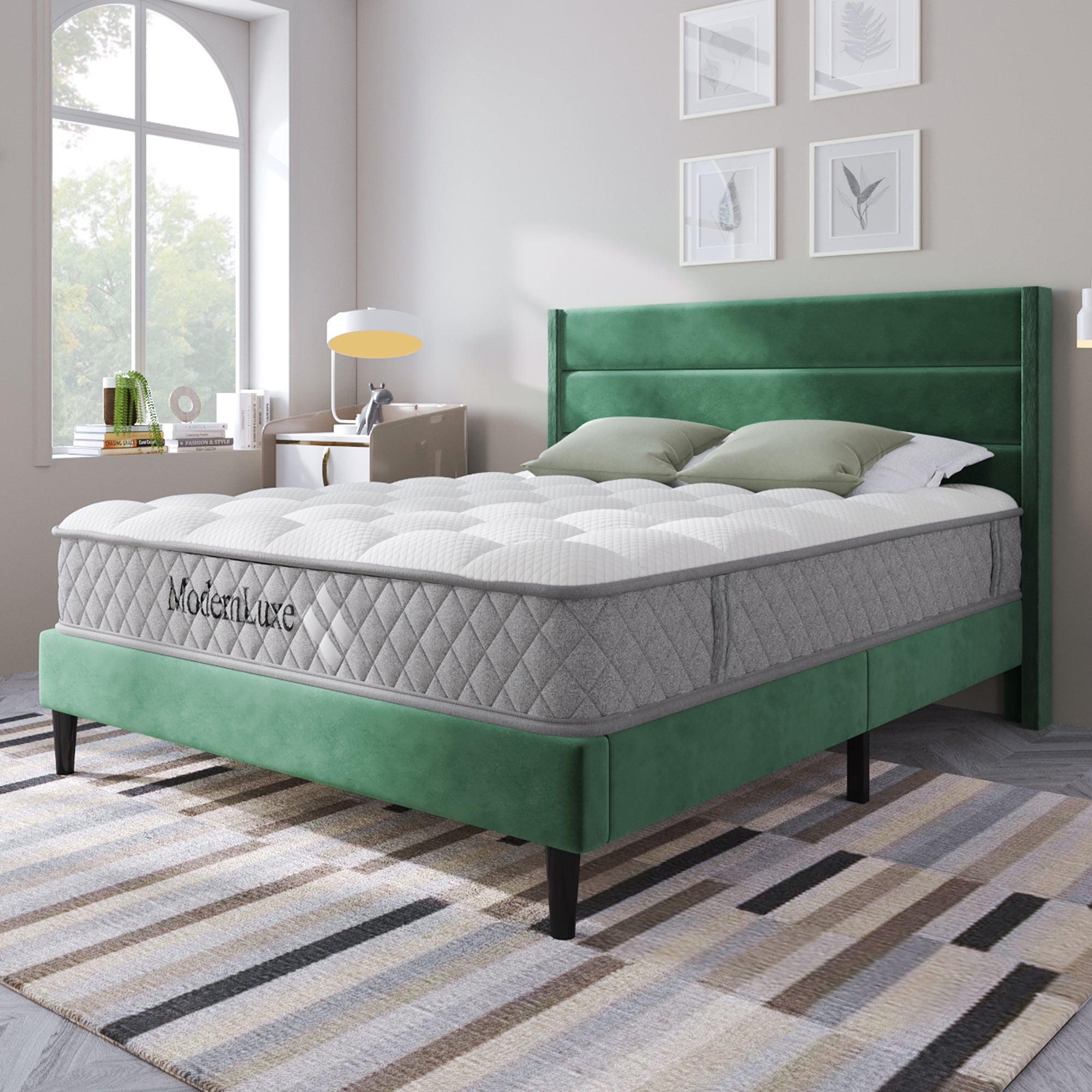 Upholstered Bed 140x200cm with Headboard, Dark Green Velvet