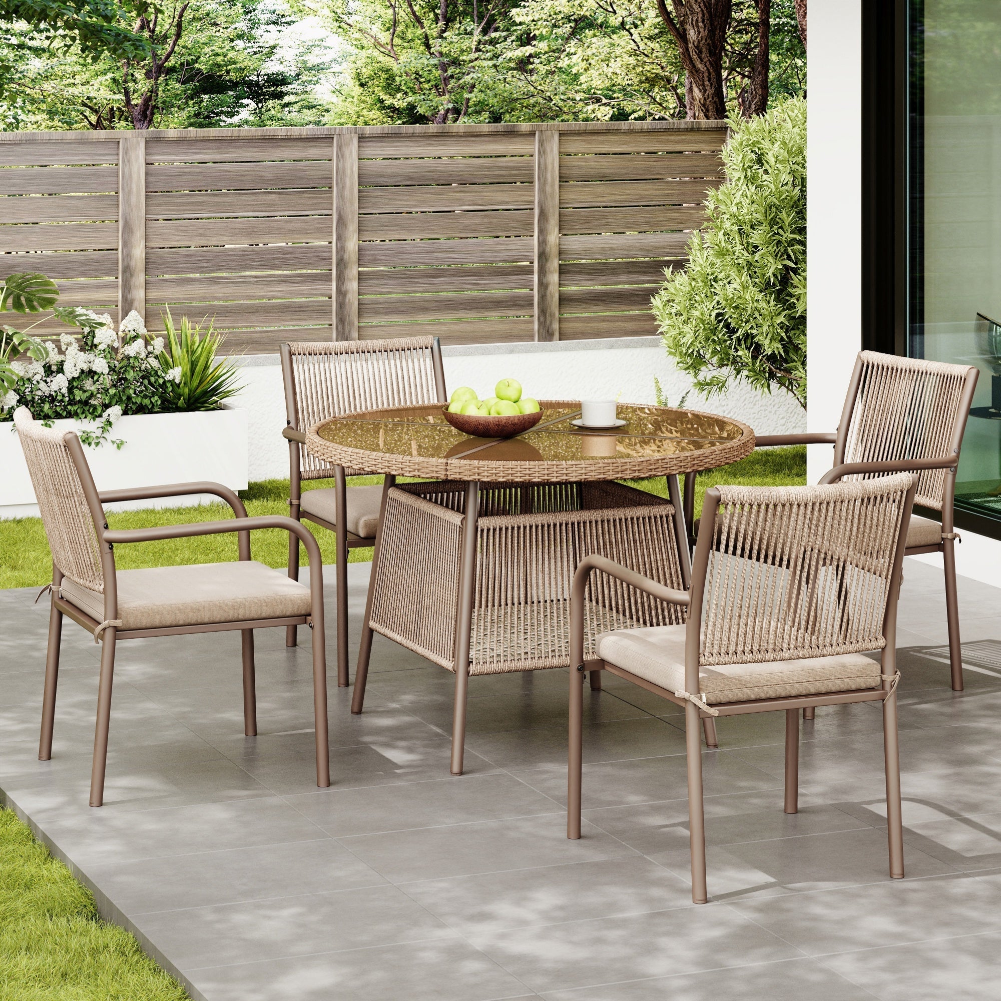 Rattan Garden Set Round Glass Table 4 Armchairs - Iron Frame
