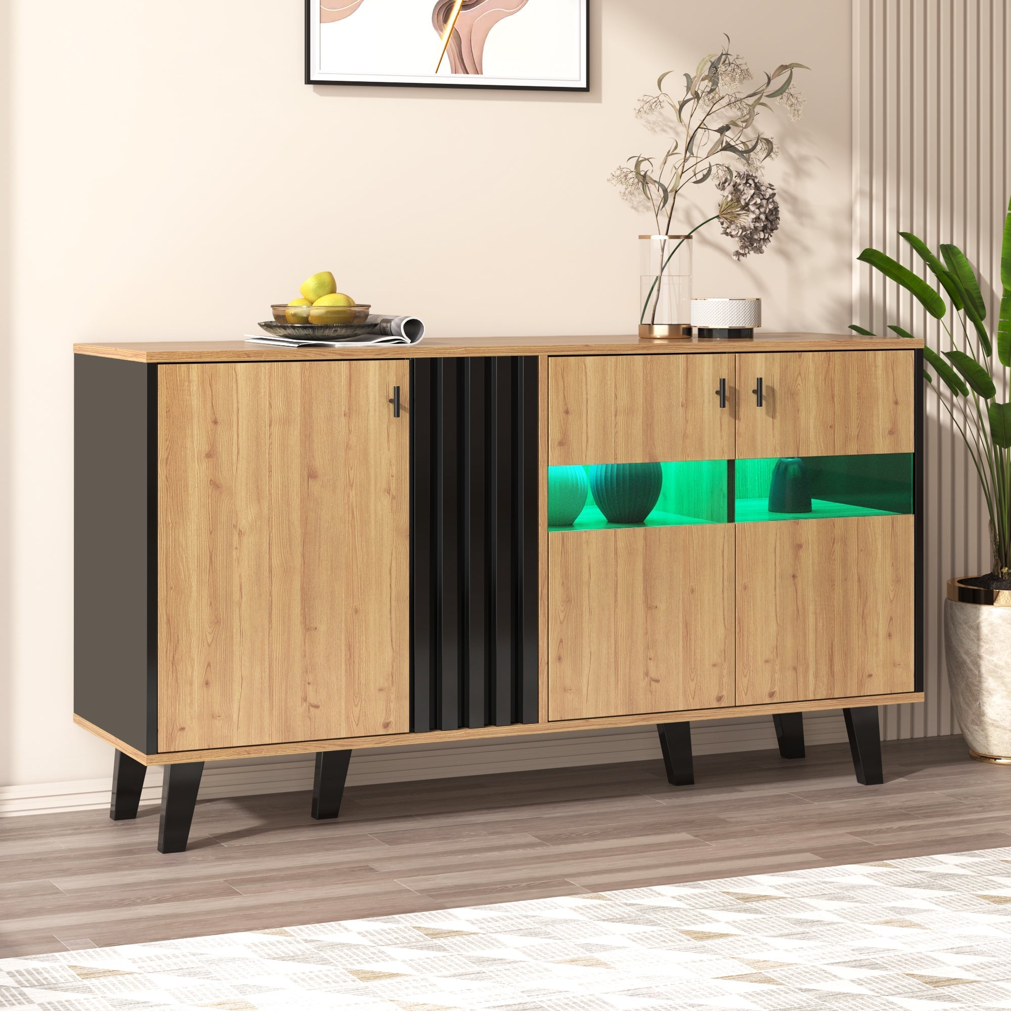 Sideboard, 140x78.5x41 cm, LED Lighting & Glass, Wood and Black