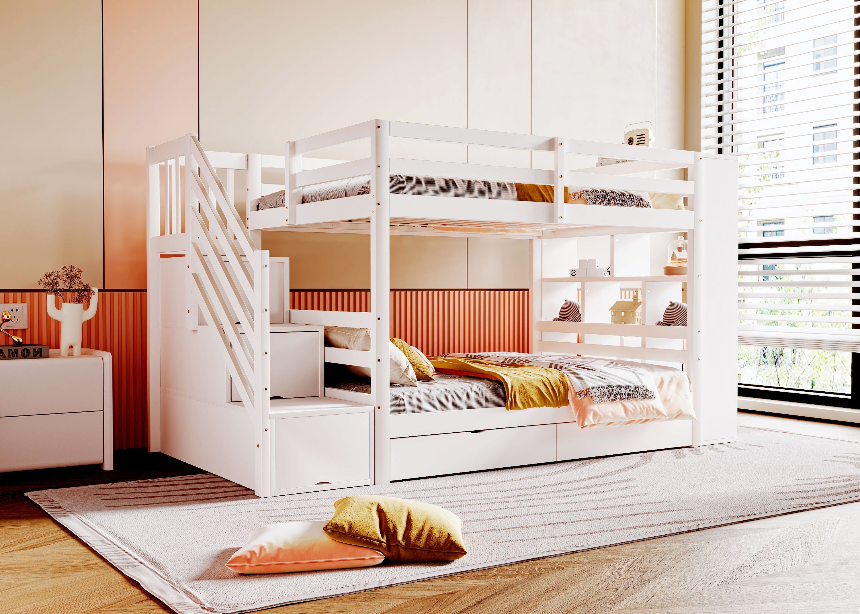 Bunk Bed, 90x200cm, Safety Ladder, Storage & Lockers, Pine Wood, White
