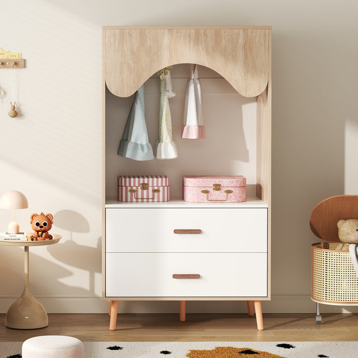 Children's Wardrobe Clothes Rail Drawers Open Storage, White Natural Wood Chipboard