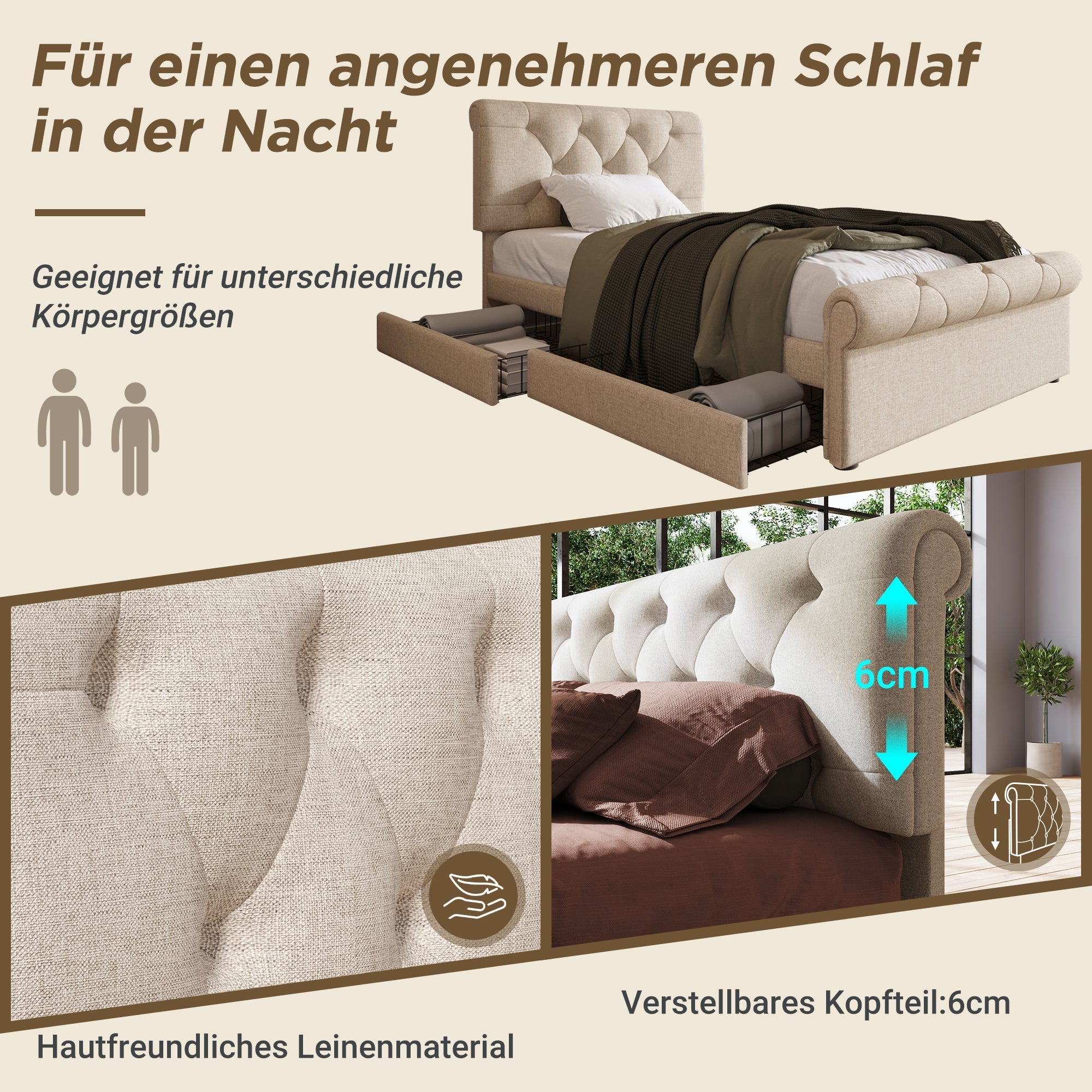 Single Upholstered Bed, 90x200cm with 2 Drawers, Adjustable Headboard, Natural