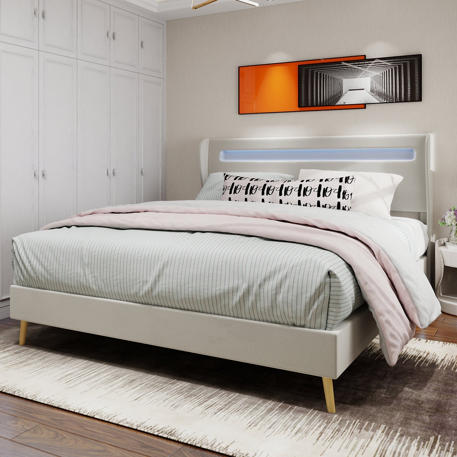 Upholstered Bed, Modern Minimalist with LED Headboard, 140x200 cm, Beige