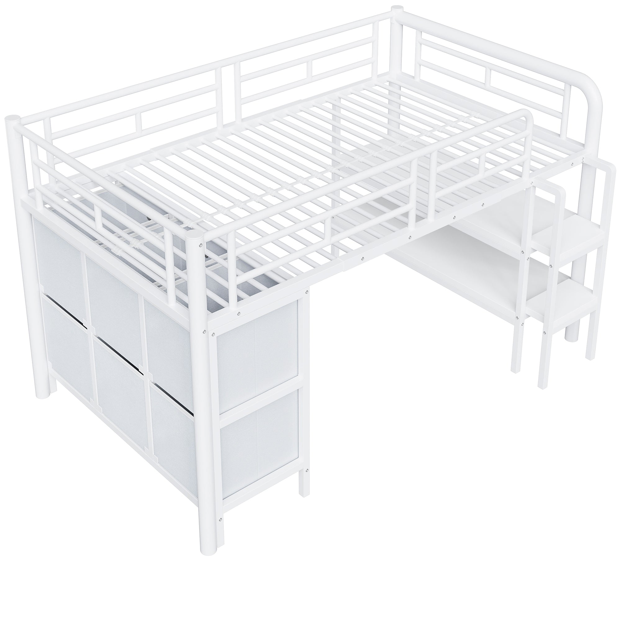 Children's Loft Bed 90x200 with Storage Stairs and Drawers, White Metal