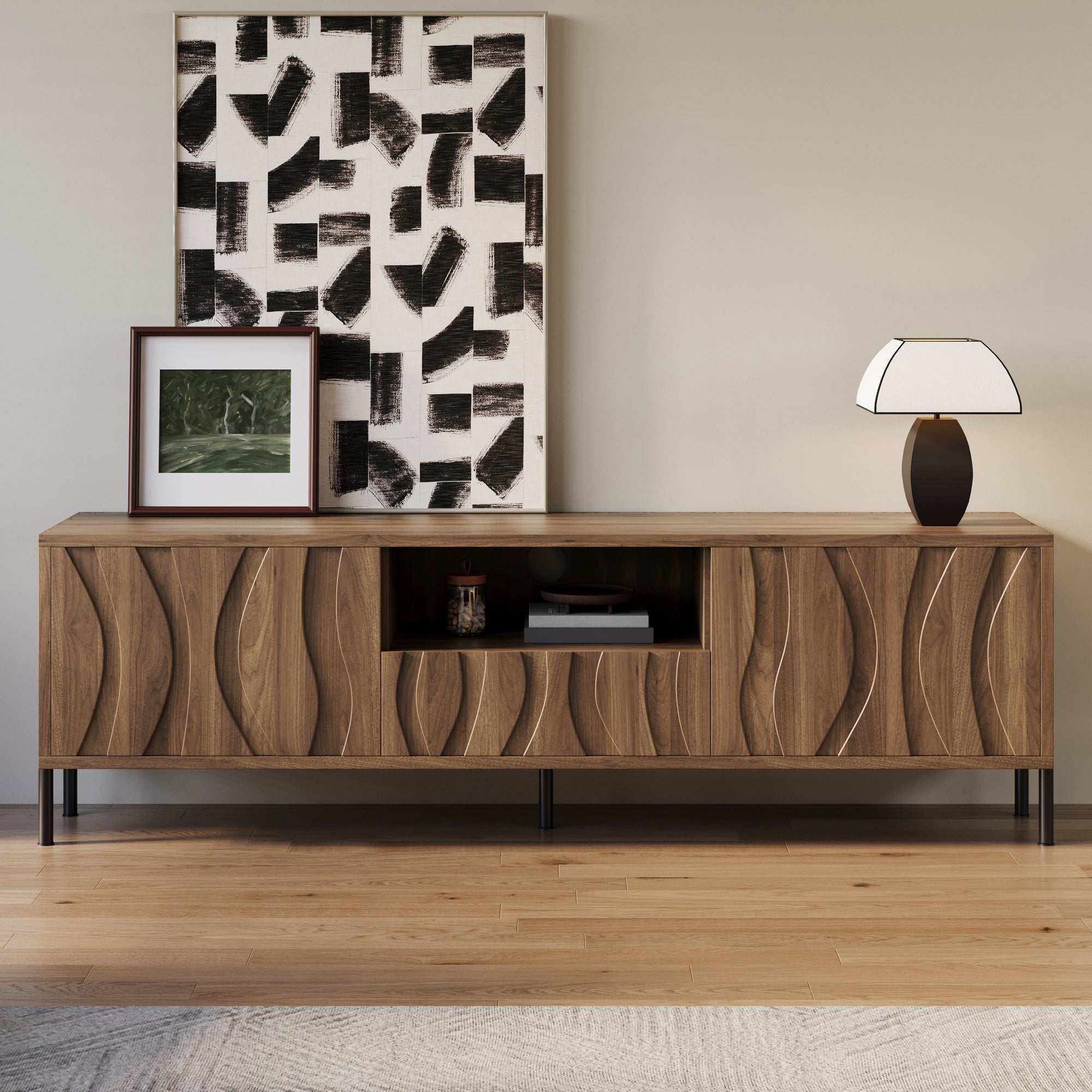 TV Cabinet with Three Doors, Low Cabinet 160x35x46cm, MDF Natural