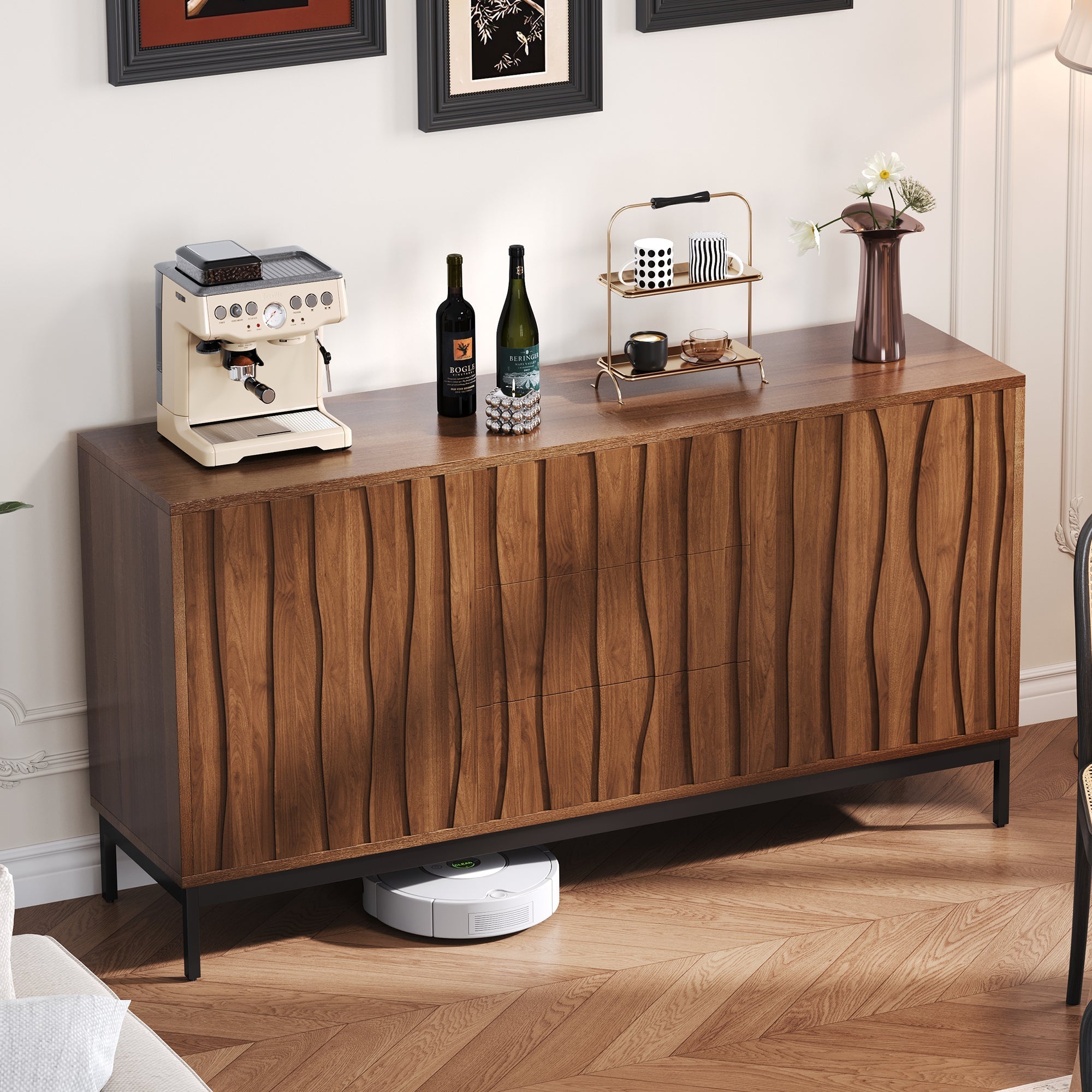 Sideboard 150cm with 3 Drawers and One-Piece Cutout, Dark Grained Oak