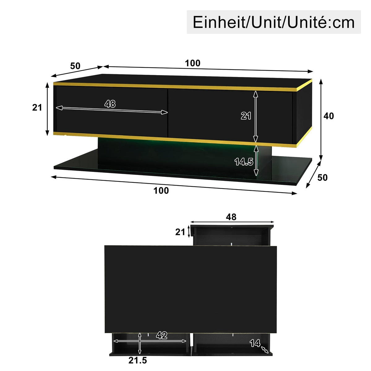 High-Gloss LED Coffee Table Modern 100cm with 3 Drawers USB Light Strip Gold Trim