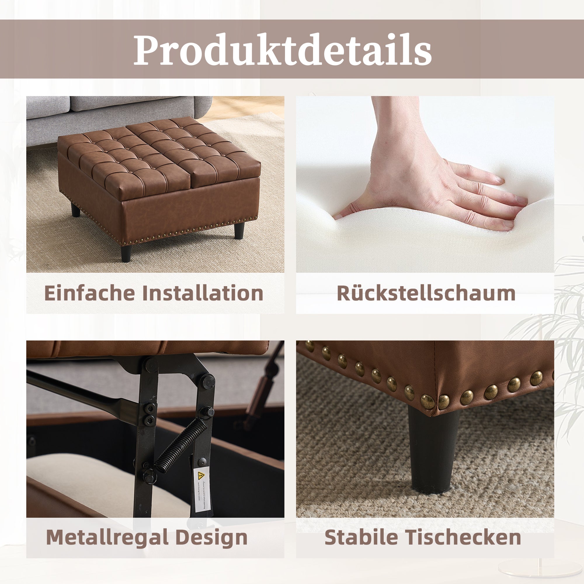 Storage Chair, Liftable Bench, Square, Brown PU