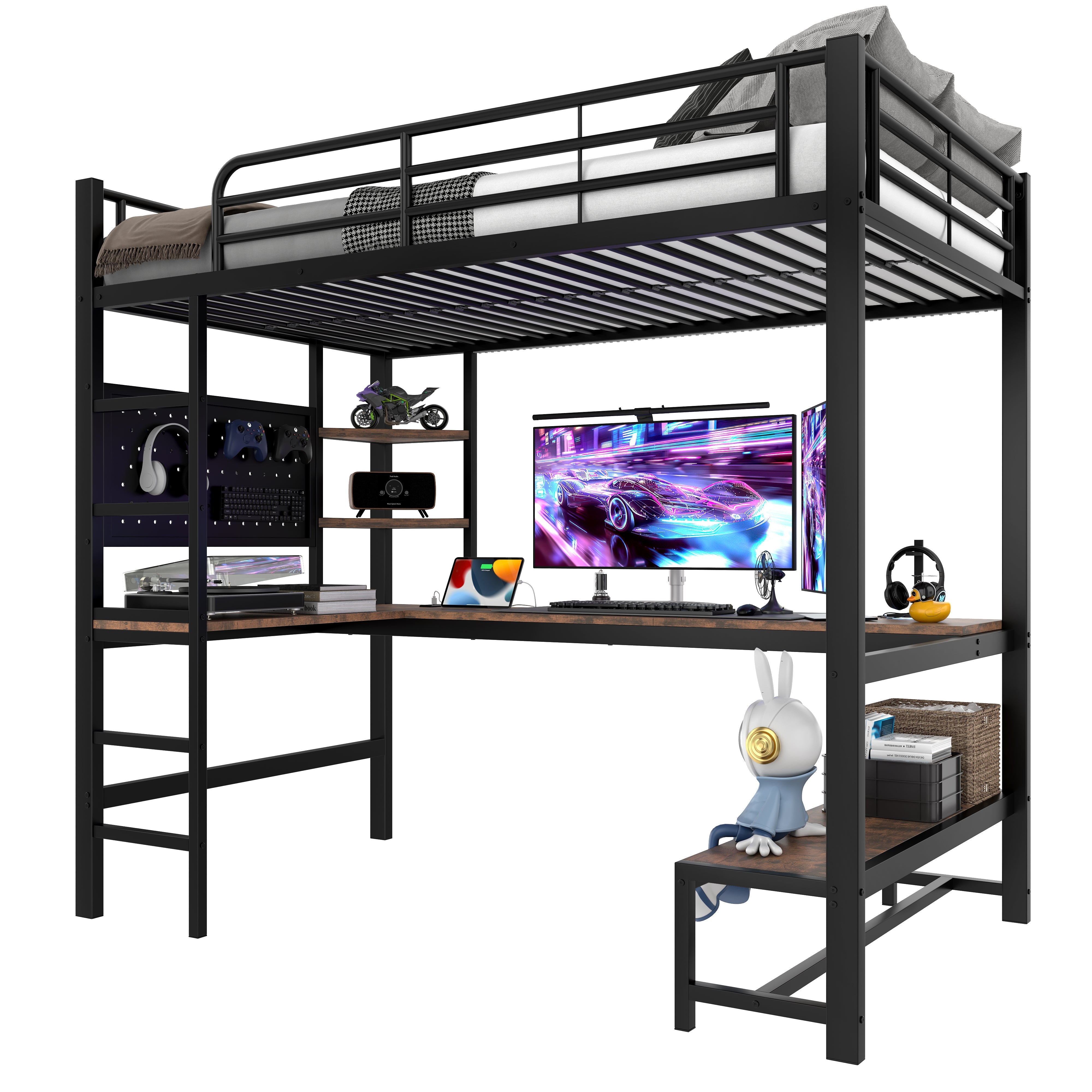 Loft Bed with Desk, Shelves, USB Sockets and LED Strip, Black Iron Frame