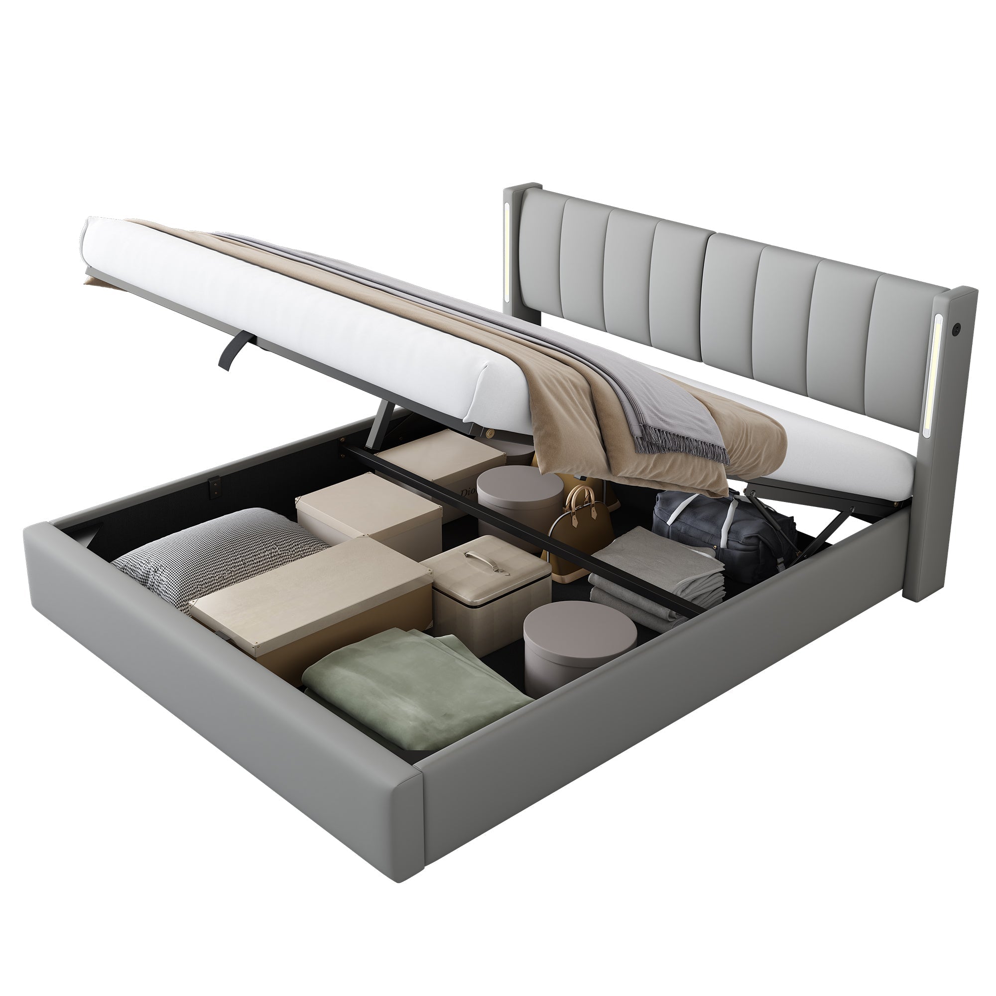Upholstered Bed 140x200cm Hydraulic Storage LED USB Adjustable Headboard PU Grey