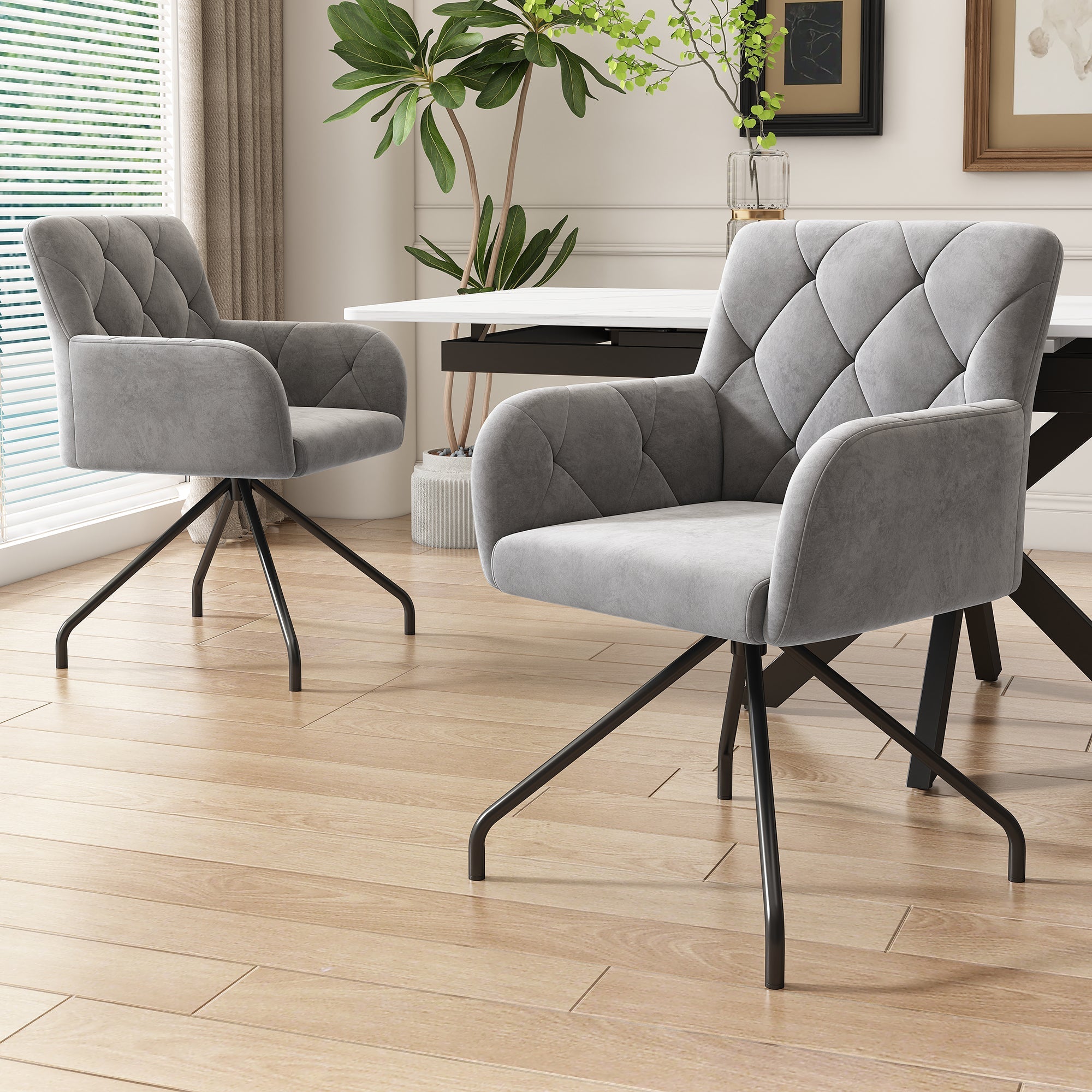 Dining Chairs Set of 4 with Diamond Pattern and Lumbar Support, Light Grey Velvet