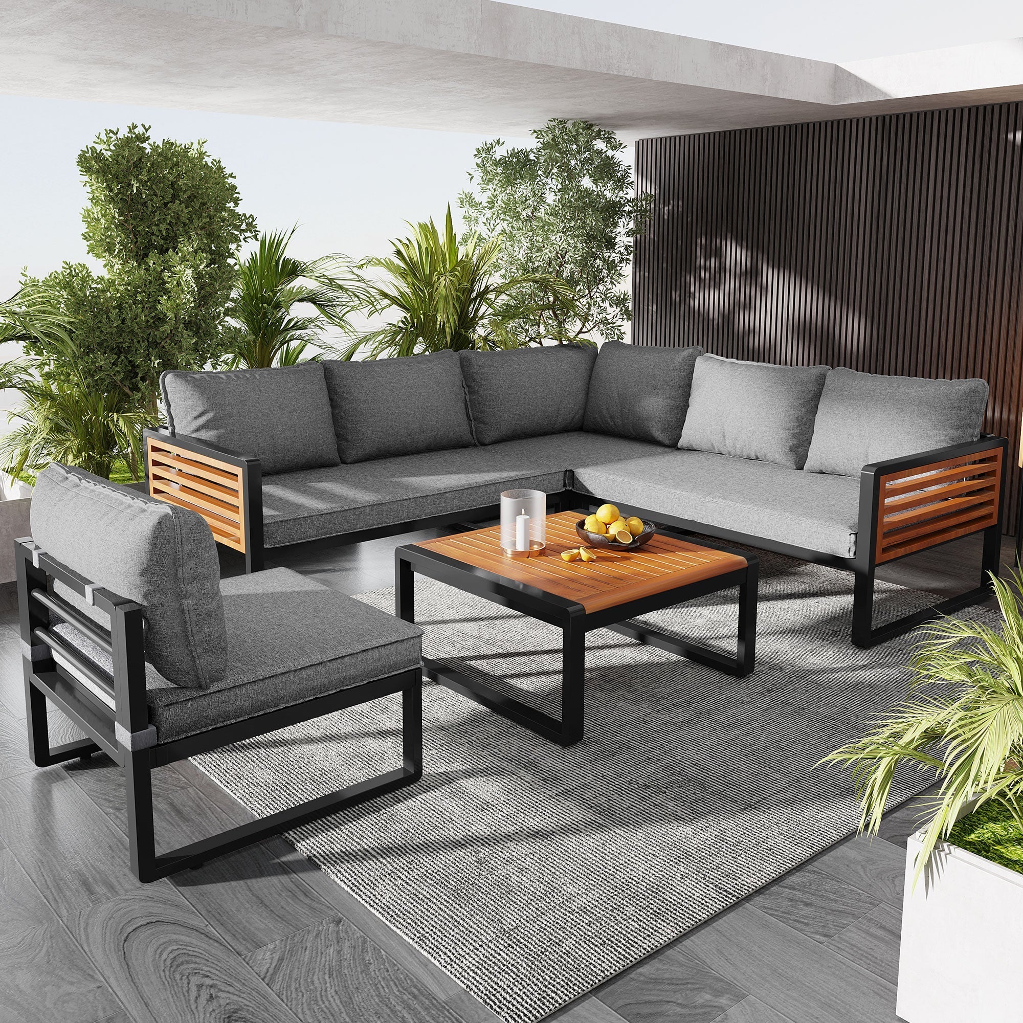 Garden Lounge Set 5-6 Seater Galvanized Iron Frame Wood Armrests