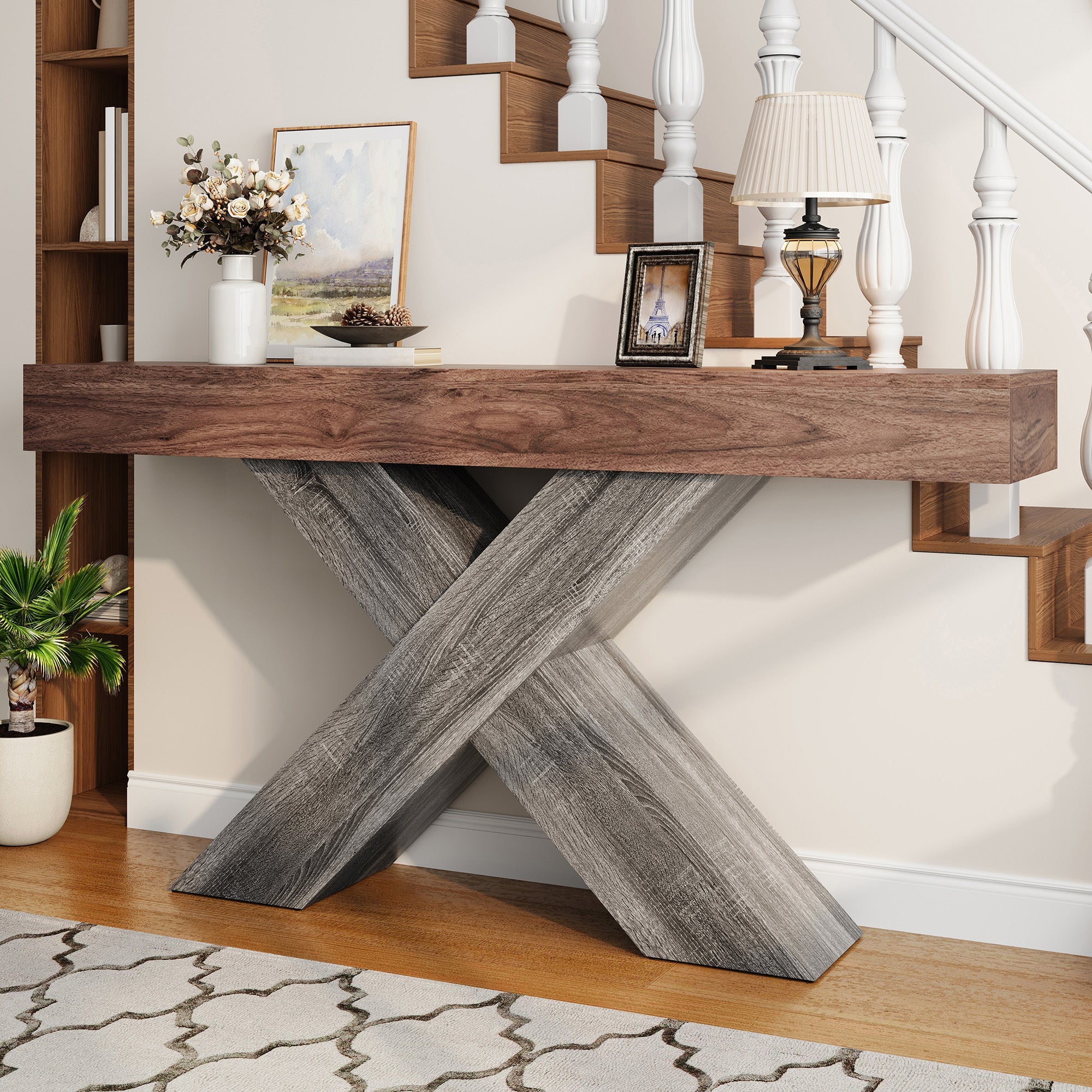 Console Table with X-Shaped Legs, Narrow Side Table for Hallway and Living Room, Wood Look Chipboard