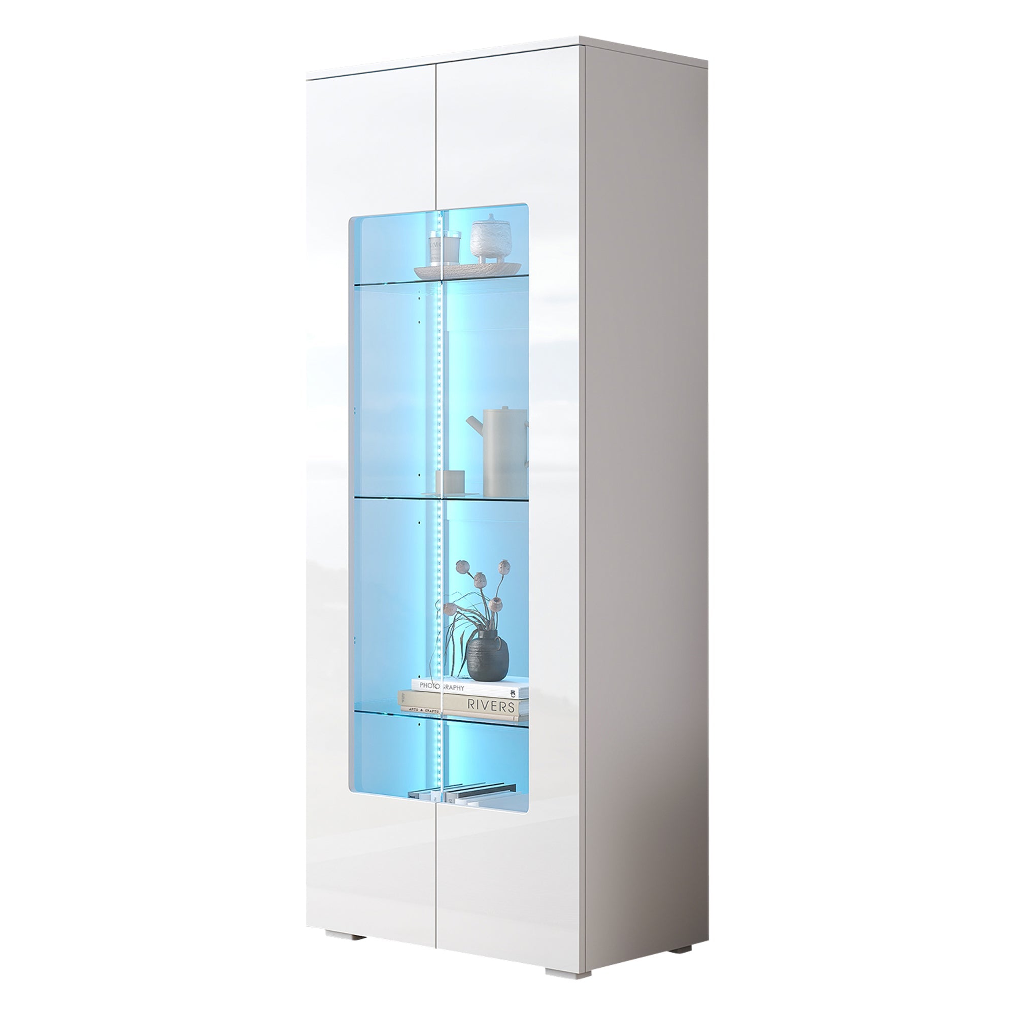 Living Room Display Cabinet, 2 Acrylic Doors, LED Light Strip, Tempered Glass, White MDF
