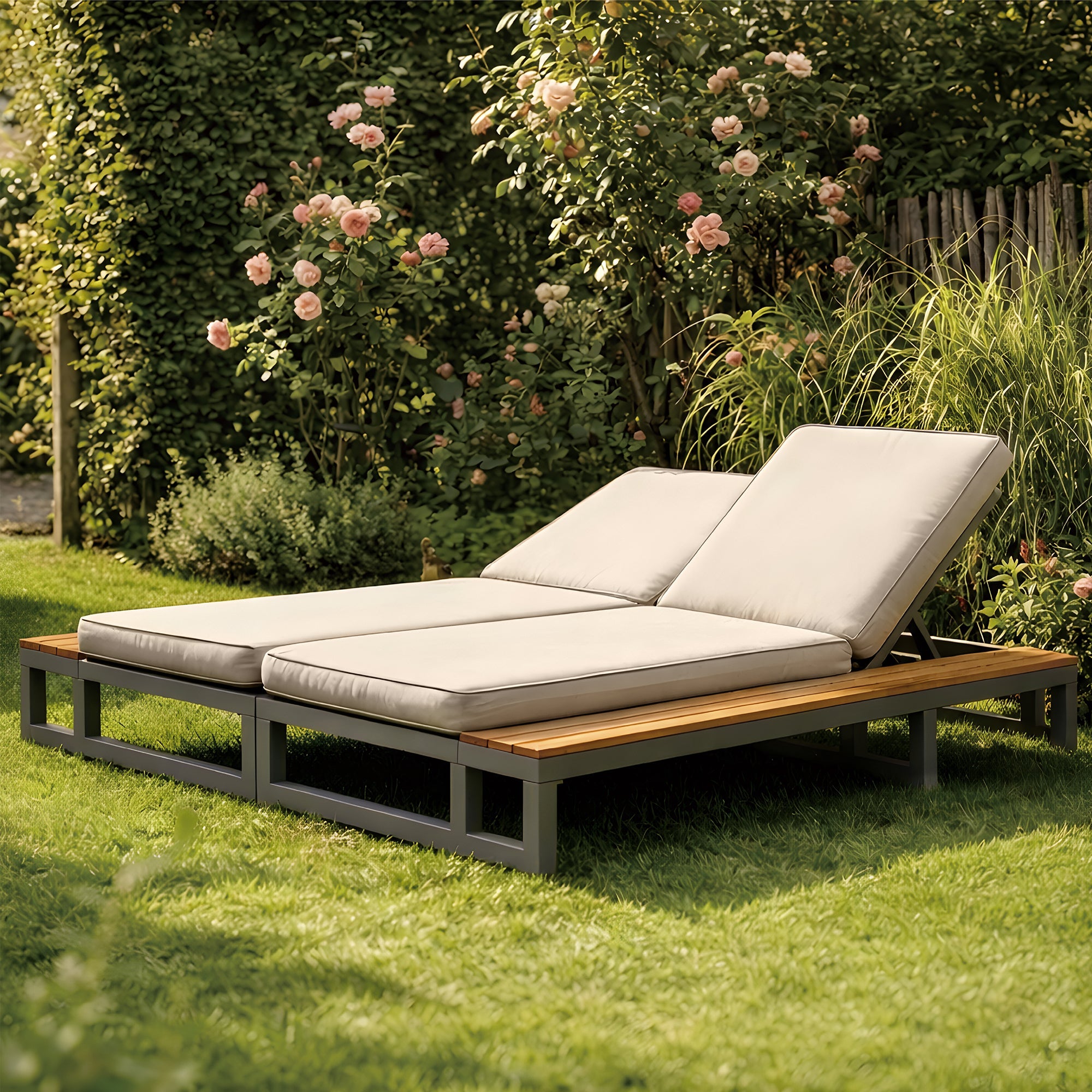 Outdoor Patio Daybed with Adjustable Backrest and Shelves, Waterproof Double Lounge Bed, Beige