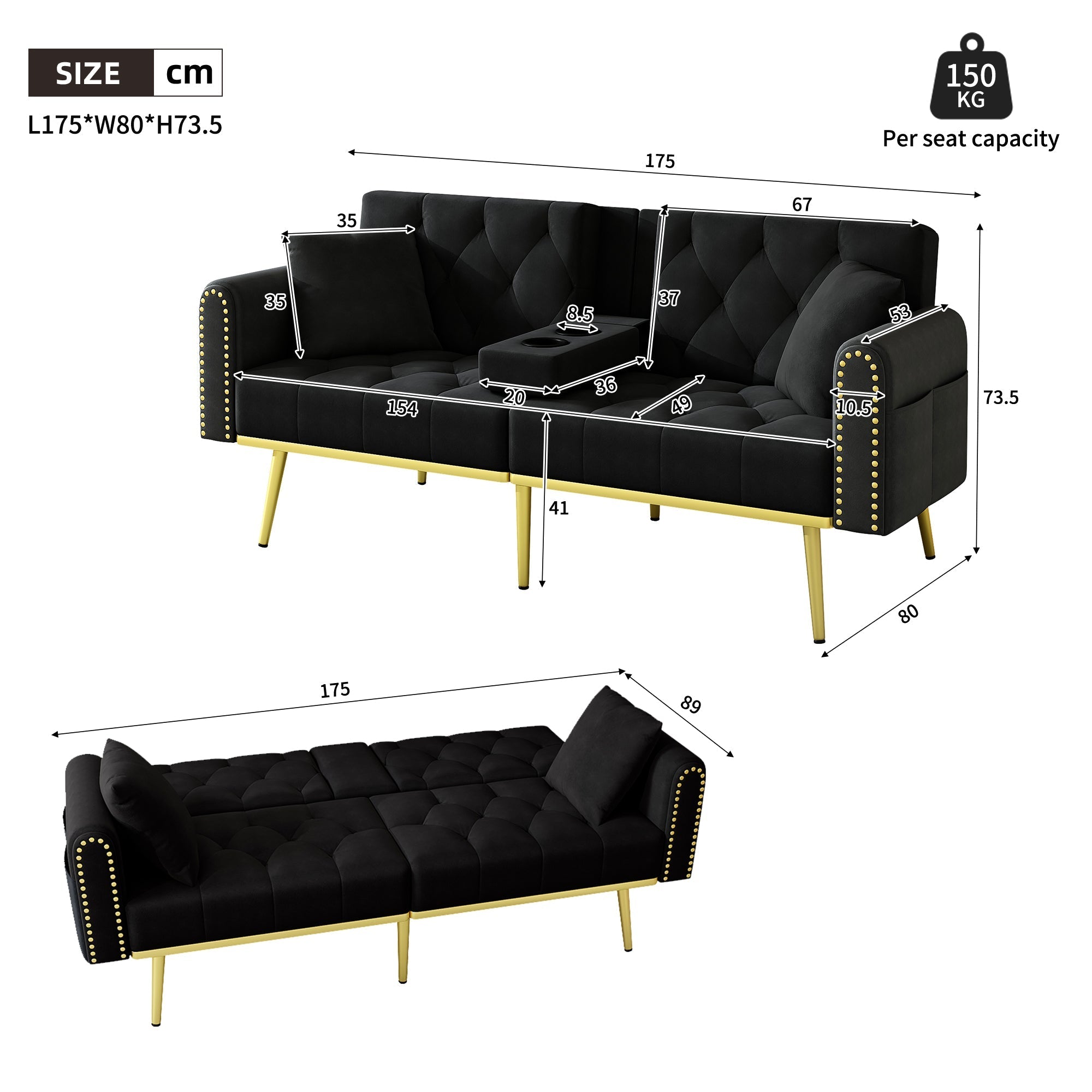 Double Sofa Bed Reclining 3 Angles Cup Holders - Fabric Black