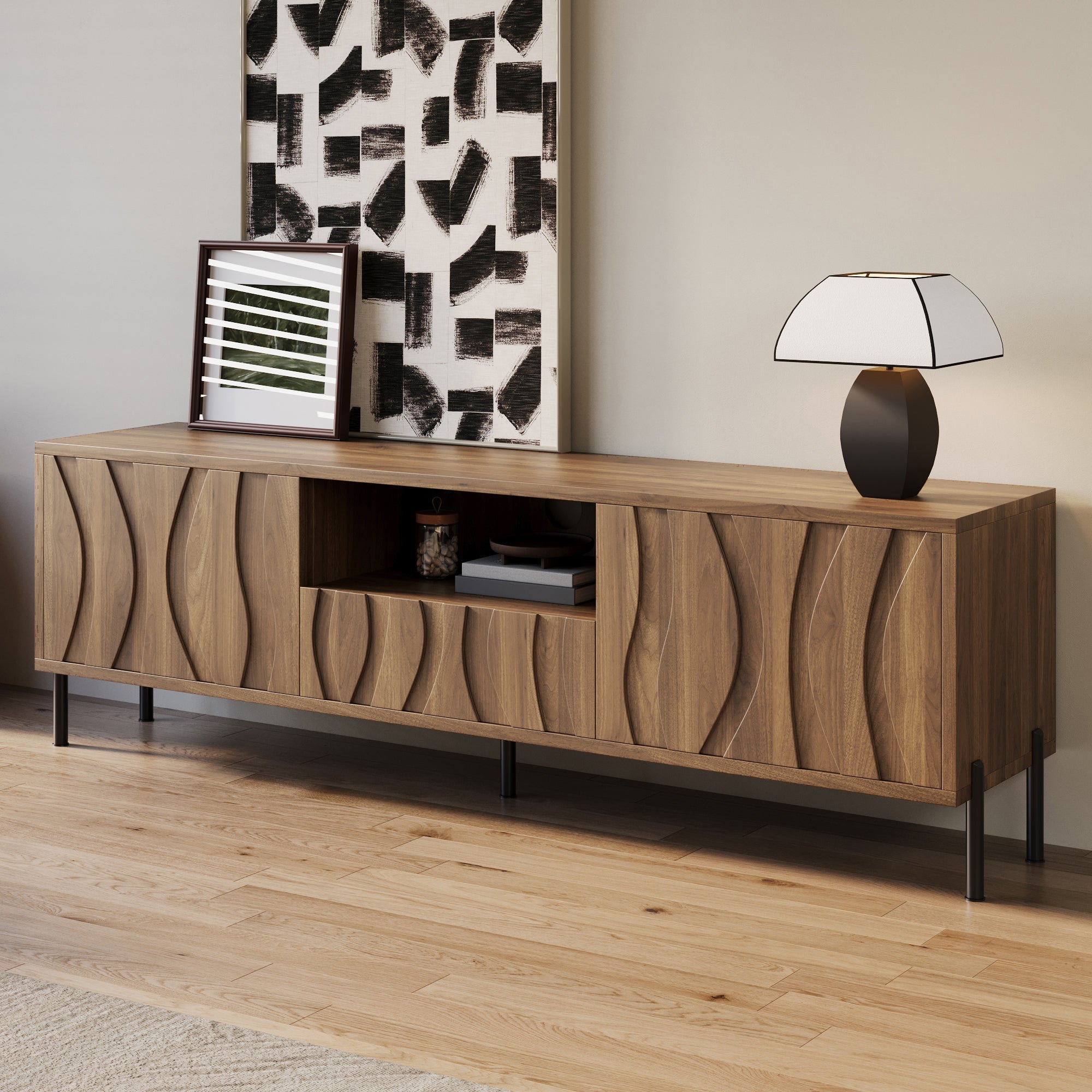 TV Cabinet with Three Doors, Low Cabinet 160x35x46cm, MDF Natural