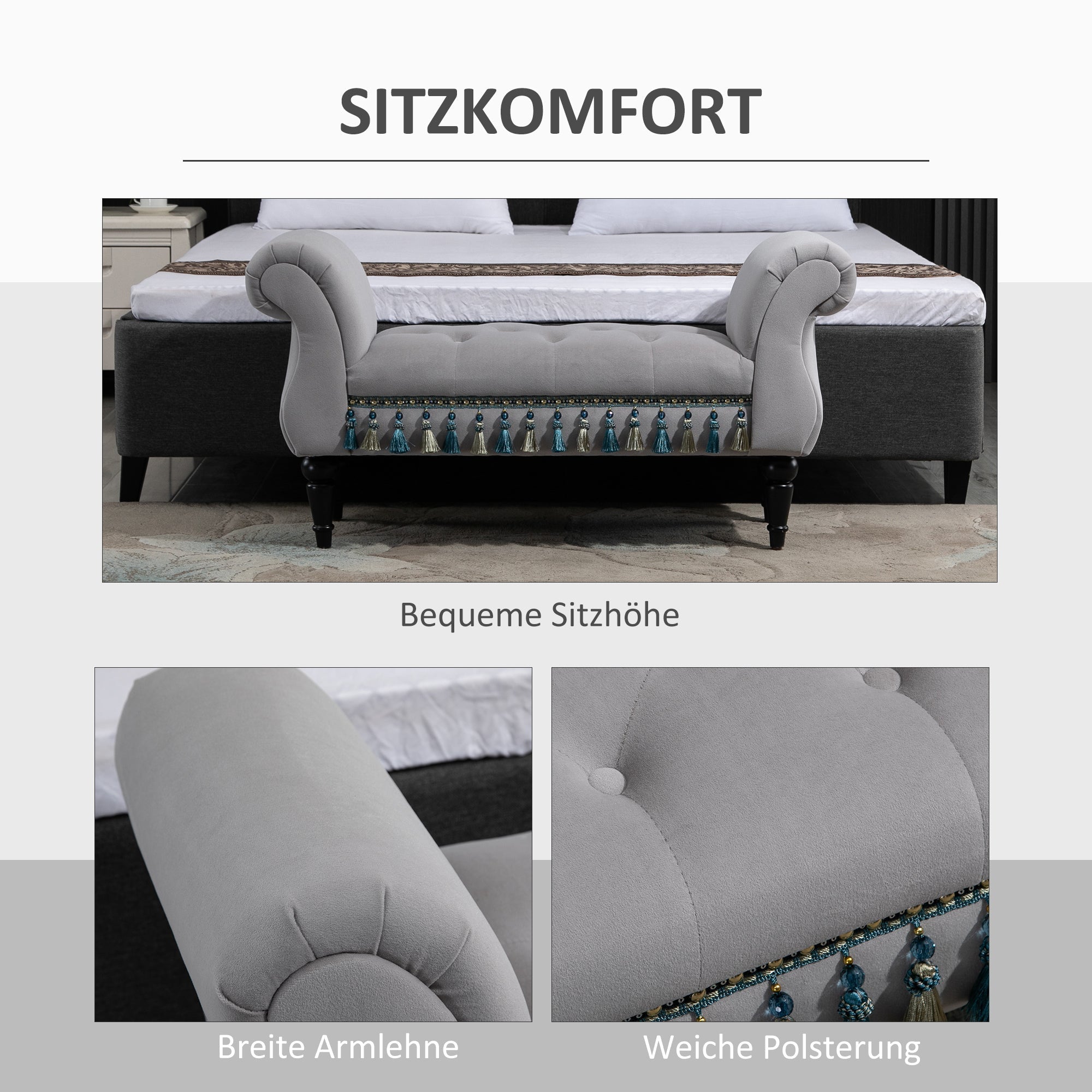 Sitzbank gepolstert Bettbank Holz, Grau Polyester
