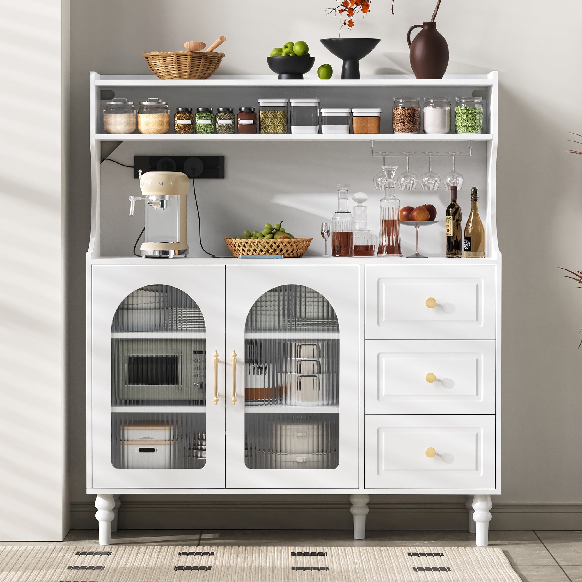 Tall Cabinet with Sockets, Drawers, Wine Glass Holders & Adjustable Shelves - White