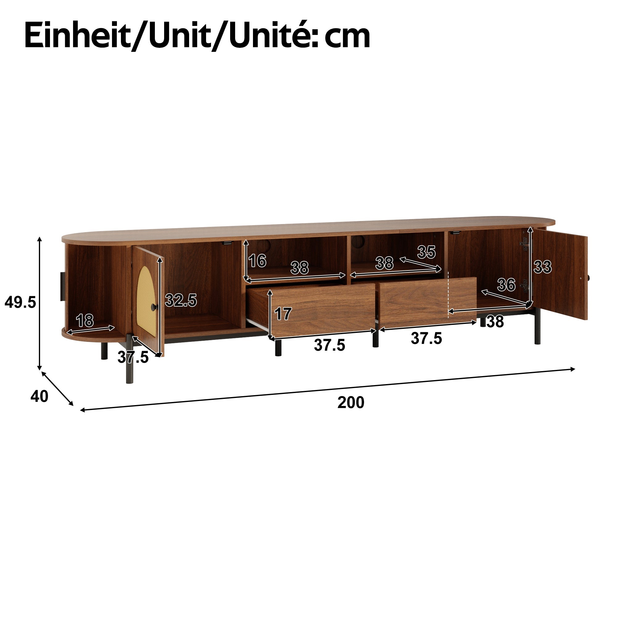 Oval TV Cabinet with Rattan Sliding Doors and Drawers, Wood Look and Metal Legs