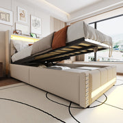 Upholstered Children's Bed with LED, USB, Storage, 90x200cm, Linen Fabric Beige