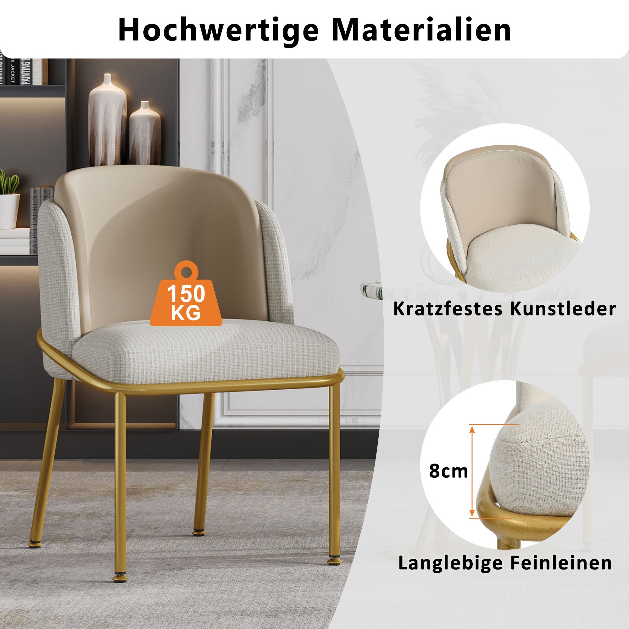 6 Modern Chairs, Angled Legs Adjustable Feet, Beige