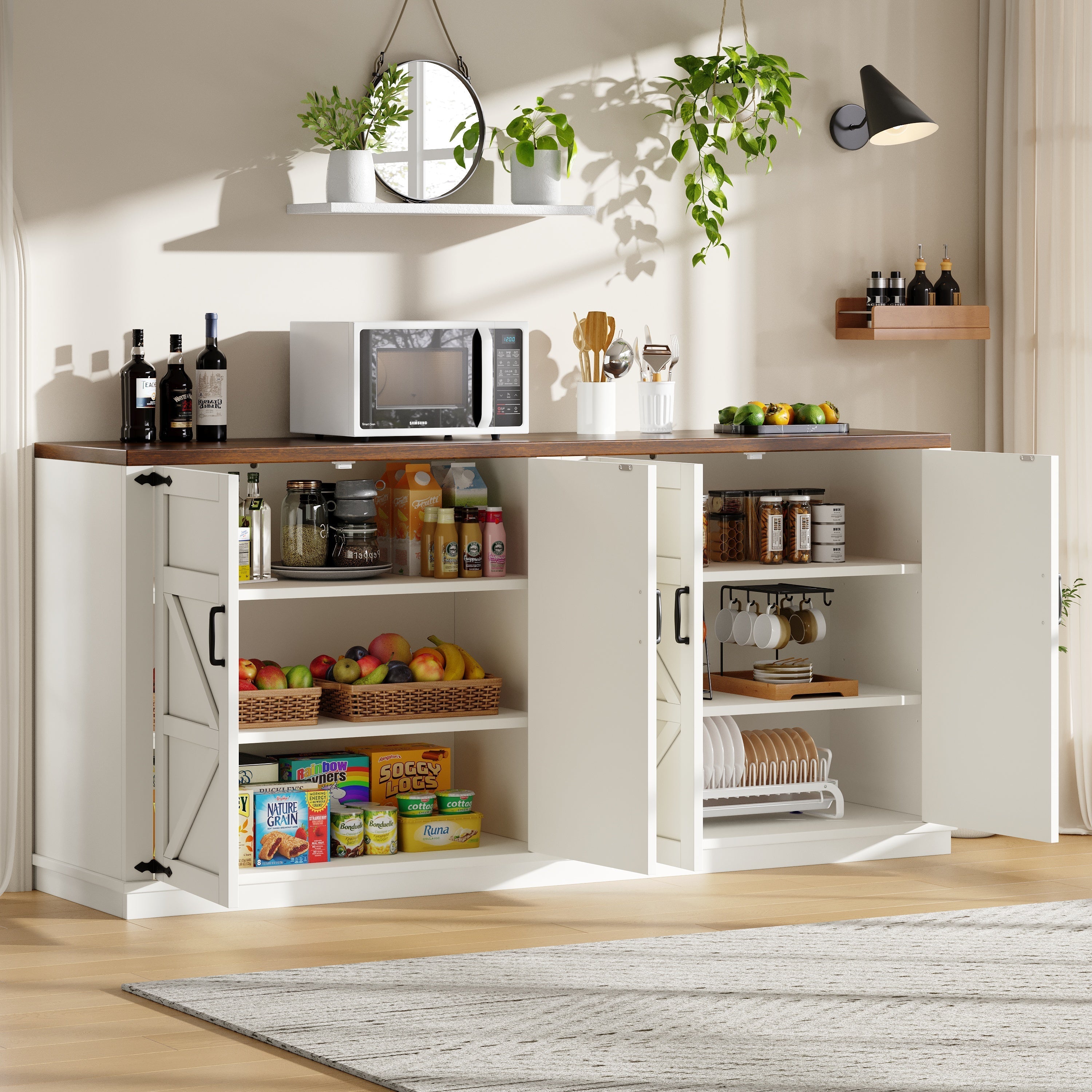 Country Sideboard 4 Doors 160x40x85cm Adjustable Shelves - White
