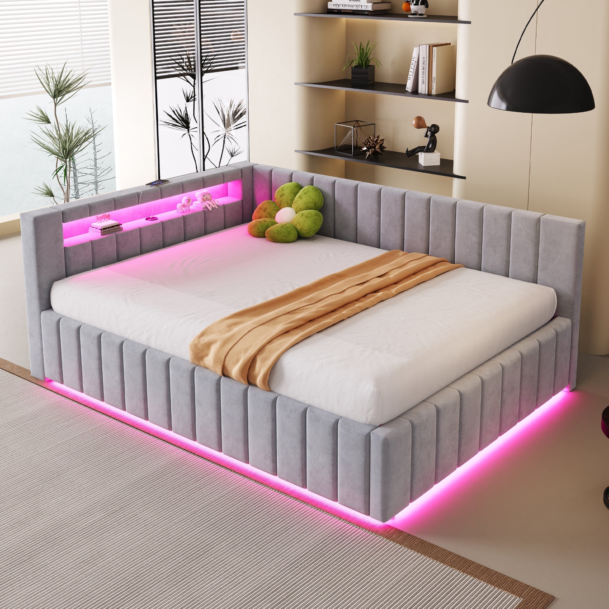Upholstered Bed/Sofa Bed 140x200 Hydraulic Storage LED/USB Light Grey Velvet Fabric