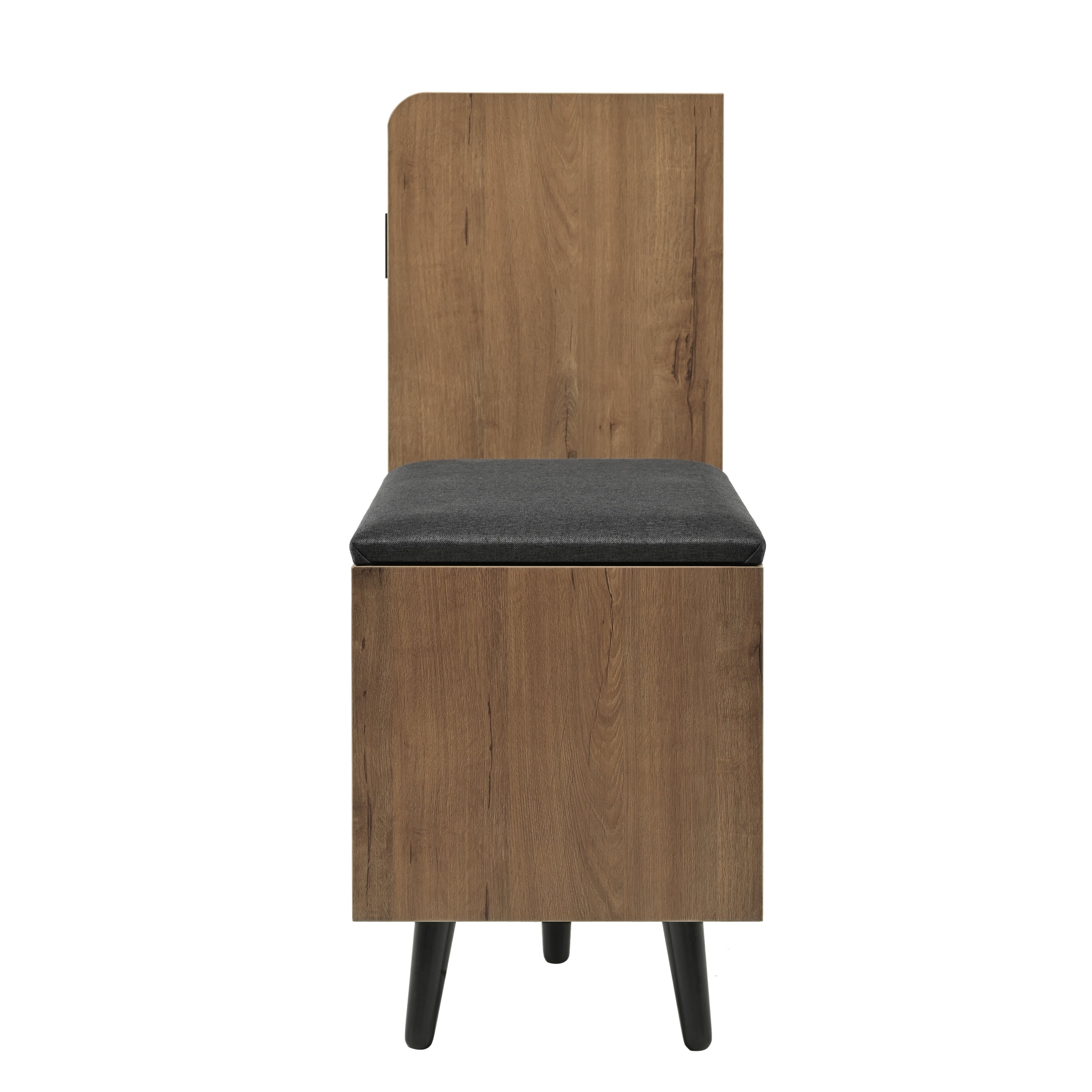 Modern shoe bench with wood grain, shoe cabinet, four storage doors, asymmetrical metal handles