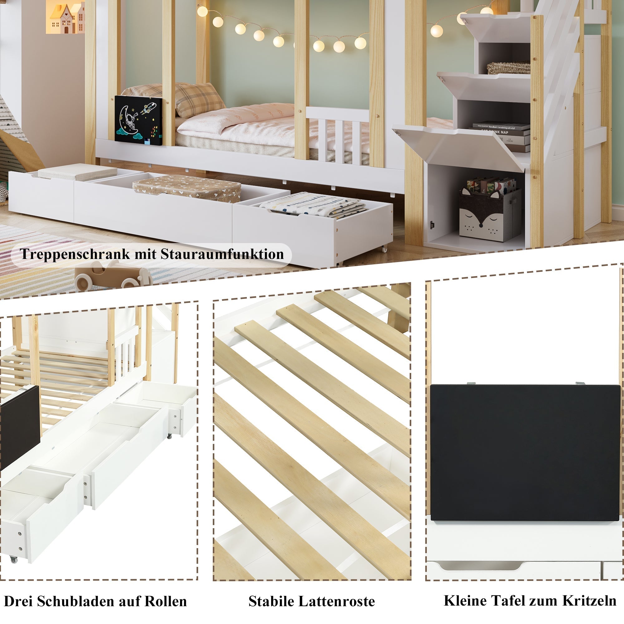 Children's Bunk Bed Storage Stairs Drawers Chalkboard 90x200cm, Pine MDF White/Natural