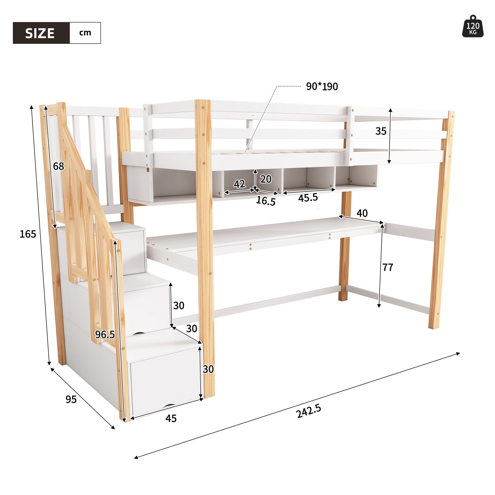 Wood House Bunk Bed, Children's Loft Bed with Storage Stairs, Desk, Shelves, Pine Wood, White + Natural