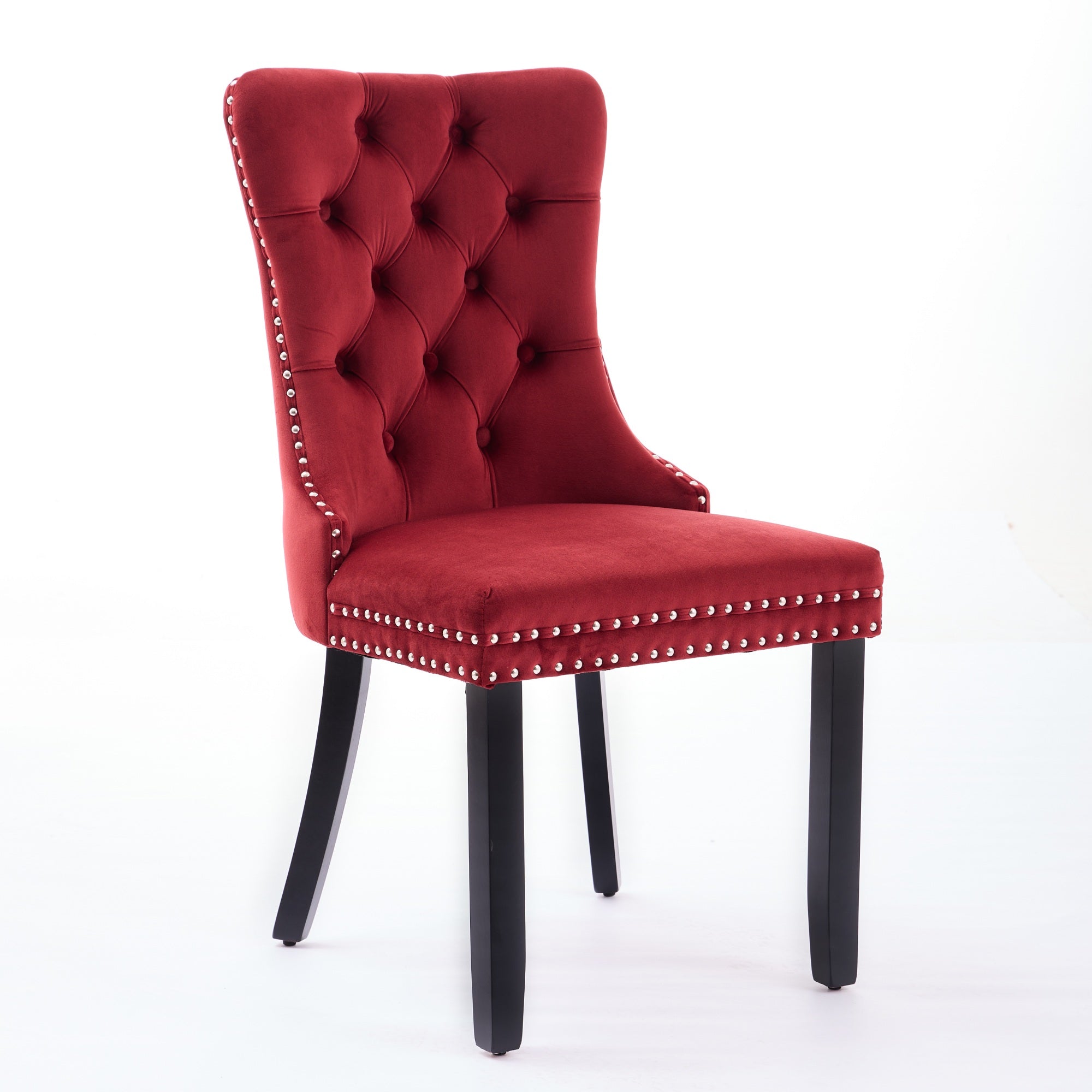 Classic Velvet Dining Chairs Tufted Solid Wood Legs Nailhead - Set of 2 Burgundy