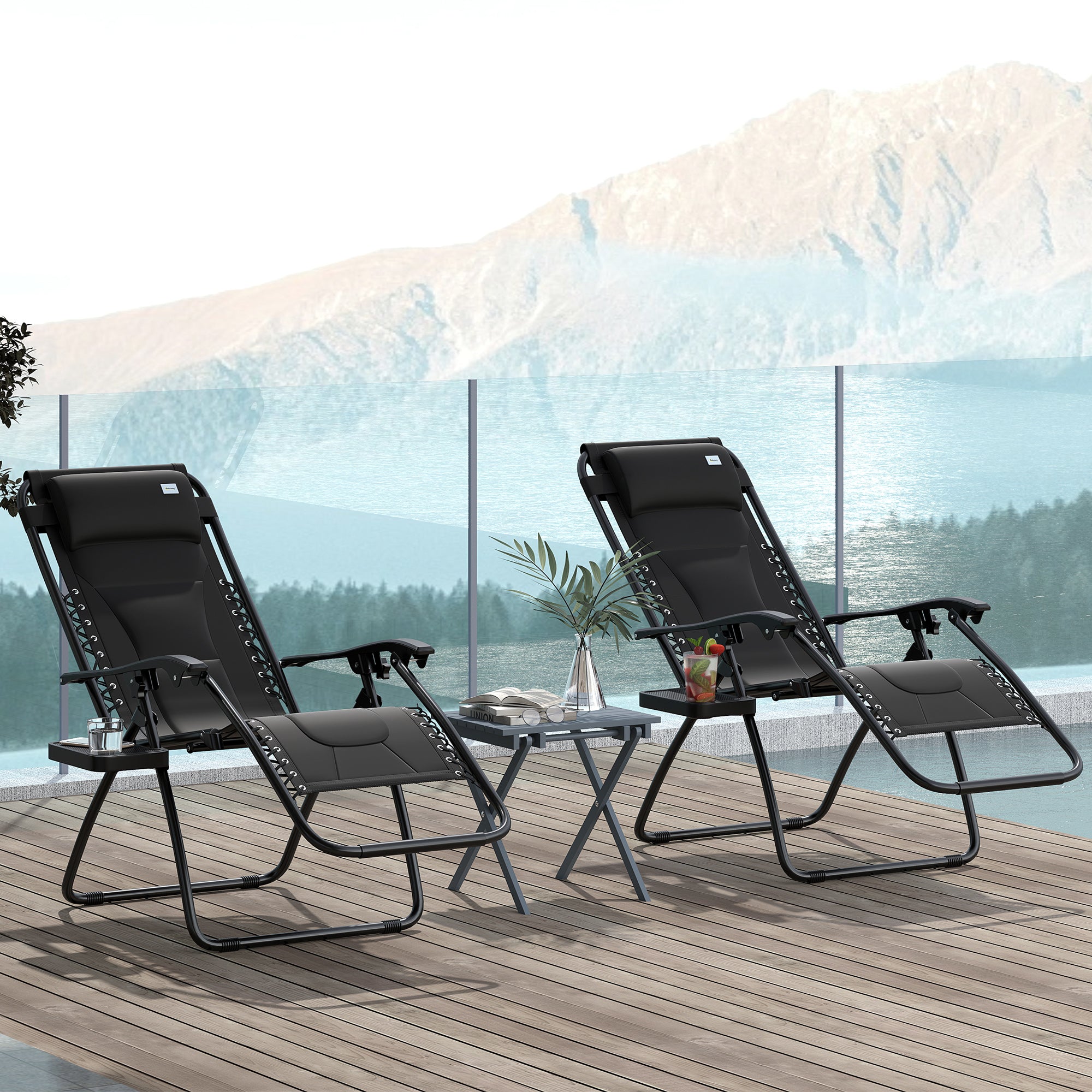 Zero Gravity Lounger Chair Set of 2, Folding Reclining with Padded Seat and Cup Holder, Black