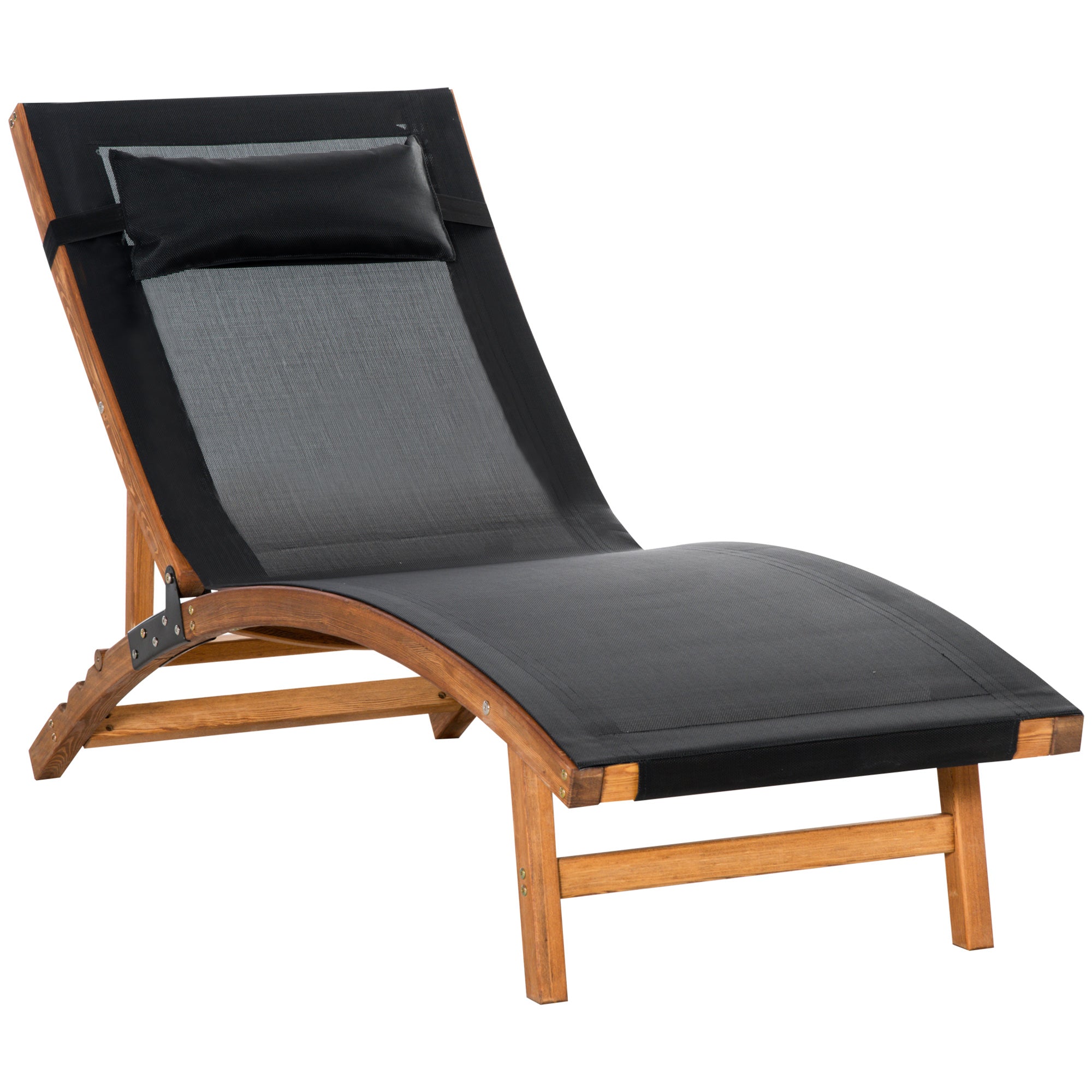 Ergonomic Patio Lounge Chair Outdoor Chaise with 3-Position Adjustable Back and Headrest Pillow, Wooden Black