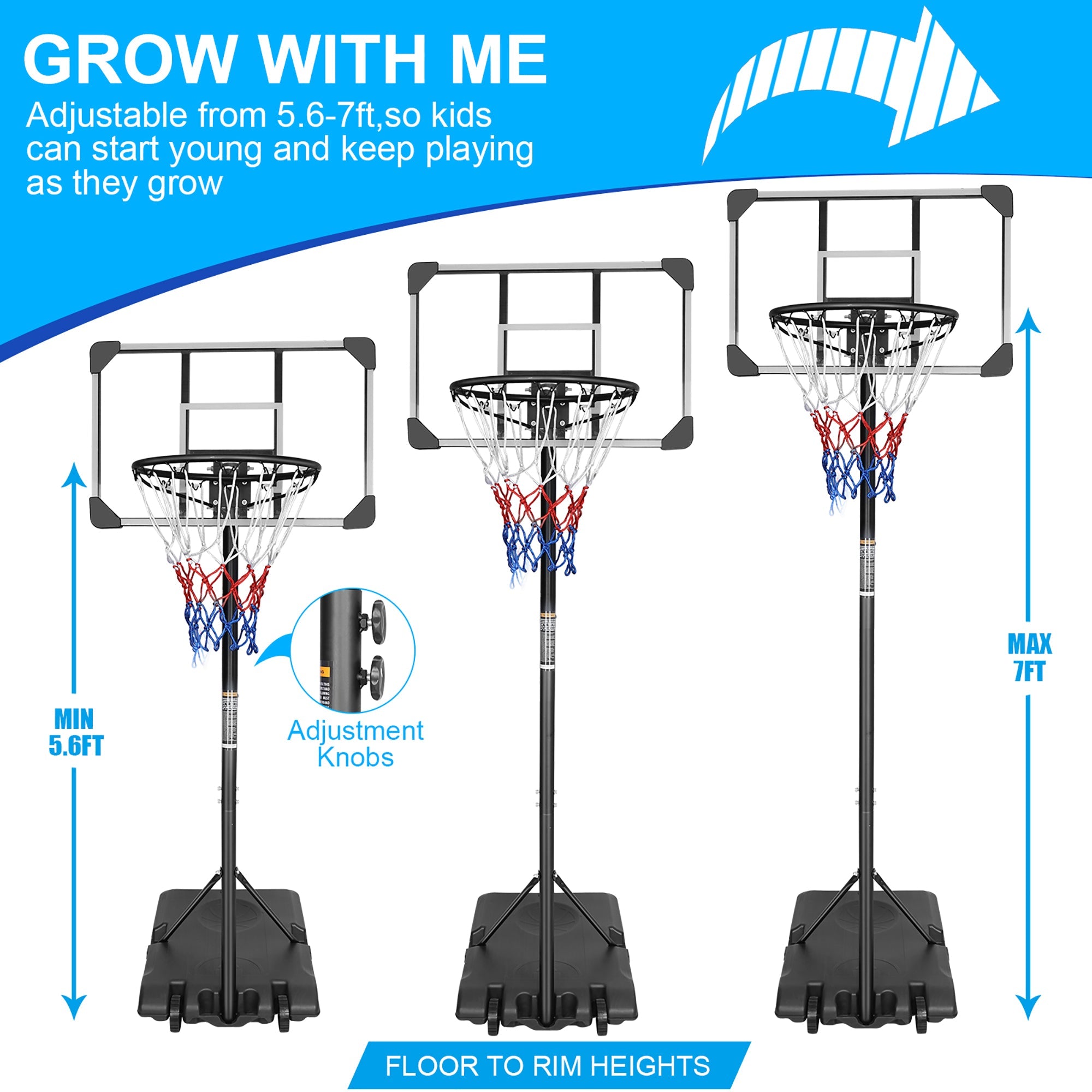 Portable Basketball Hoop, Adjustable Height, with Wheels, Black