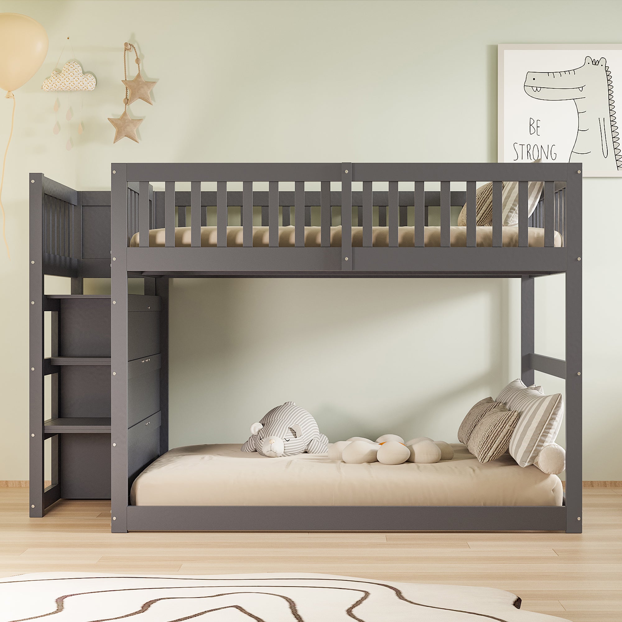Low Bunk Bed, 140x200cm Safety with Storage, Wooden, Grey