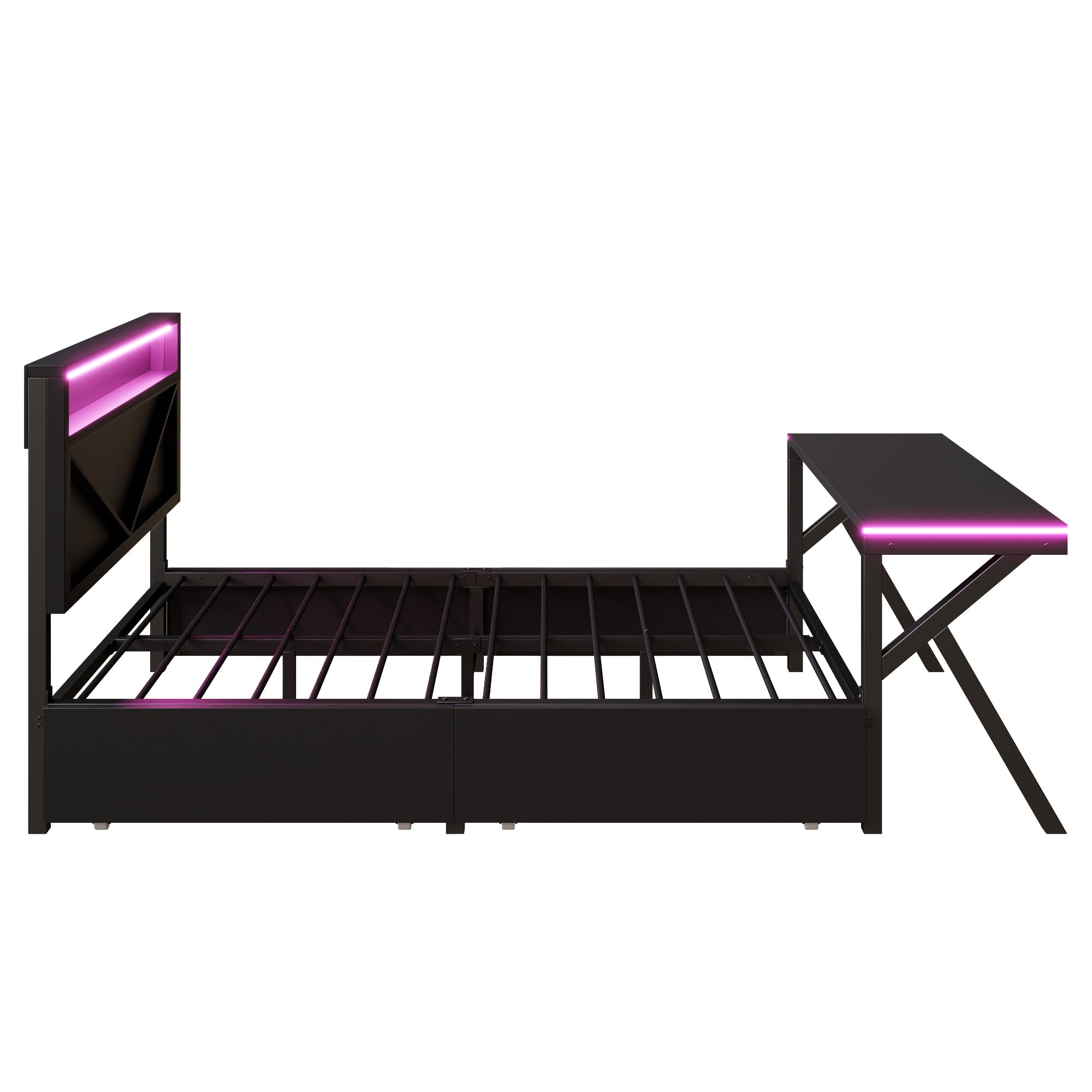 Gaming Platform Bed with LED Headboard, Desk and Drawers, Black Metal
