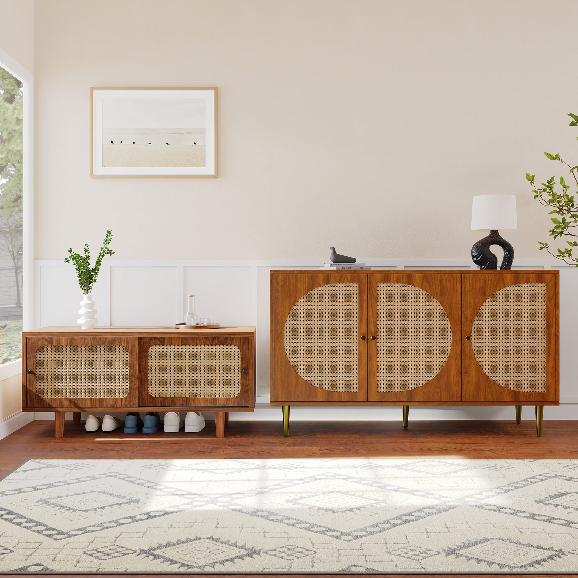 Rattan Sideboard Set, Living Room Chest & Shoe Cabinet, Walnut