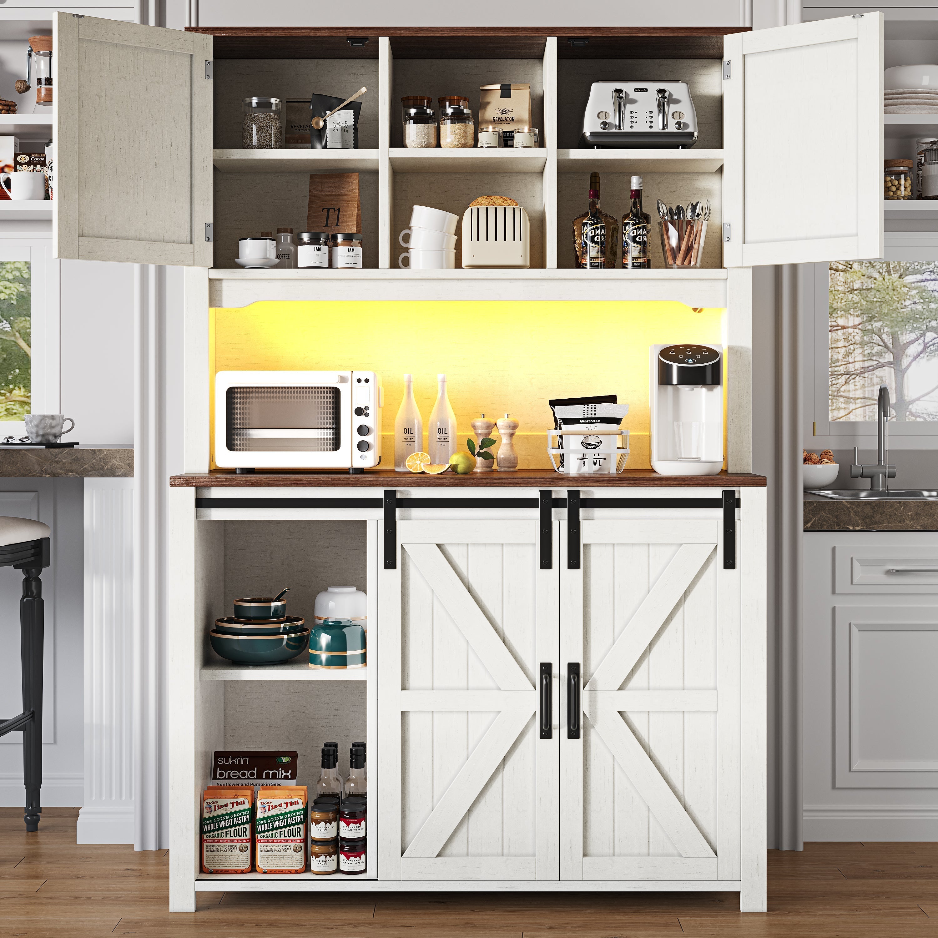 Tall Kitchen Sideboards with Sliding Doors and LED Lighting, Black and White
